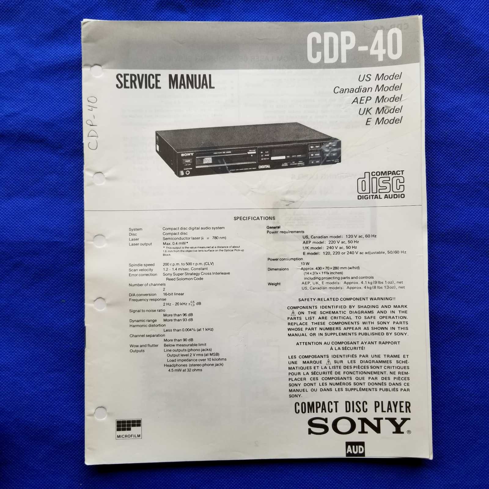 SONY CDP-40 Service Manual Original Paper OEM Repair Guide - USA