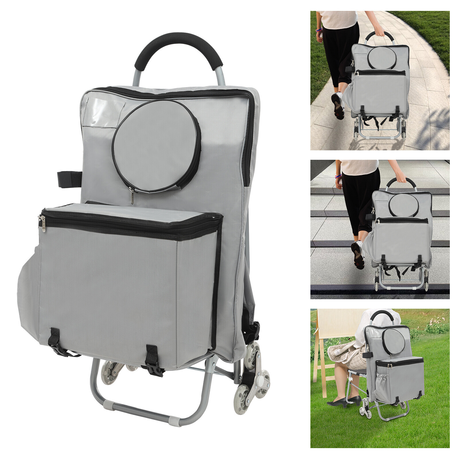 Folding Wheeled Art Chair Cart Rolling Big Chair Cart With Storage Silver