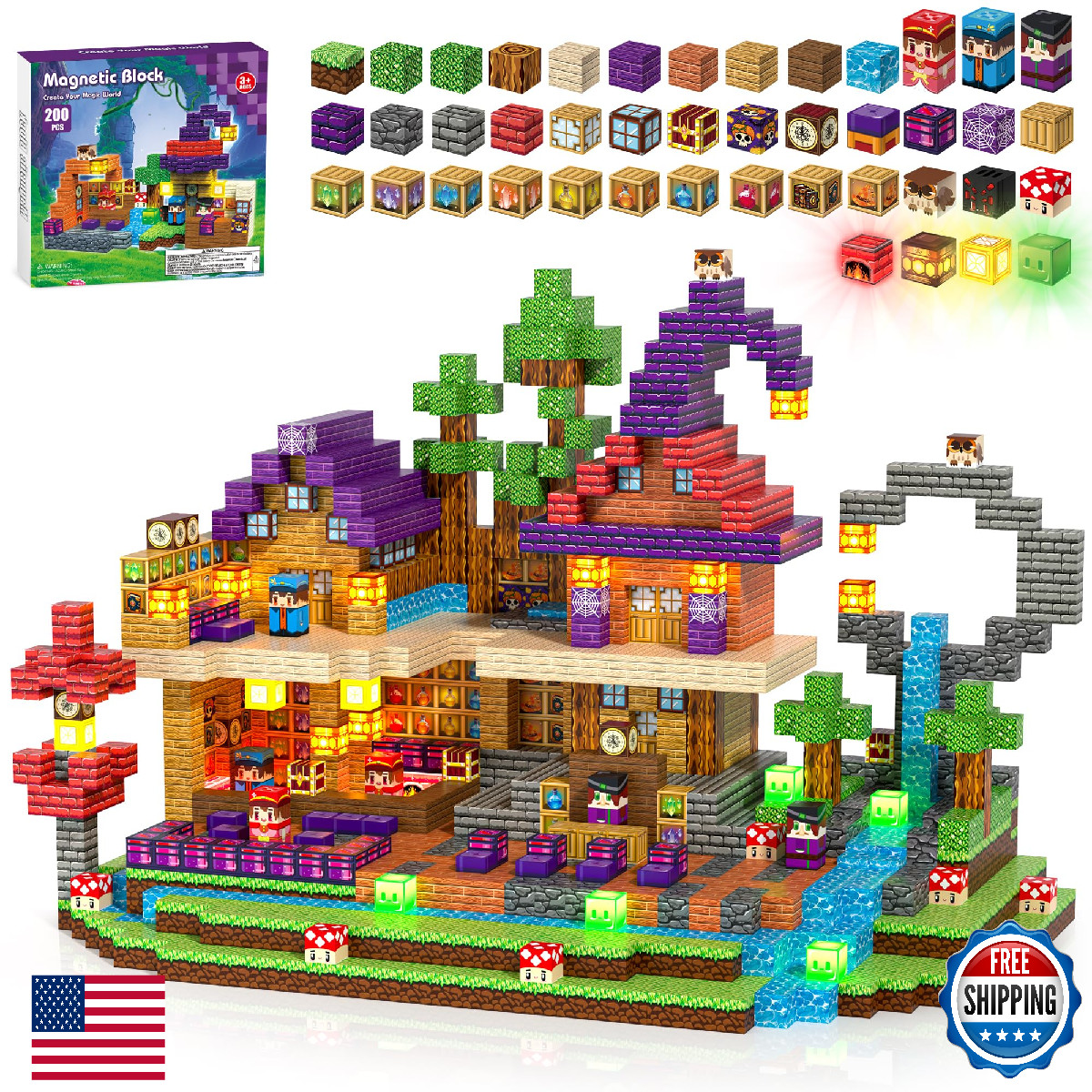 Kryzomat 200PCS Magnetic Blocks with Light-Up Blocks - Magnetic Blocks for Kids