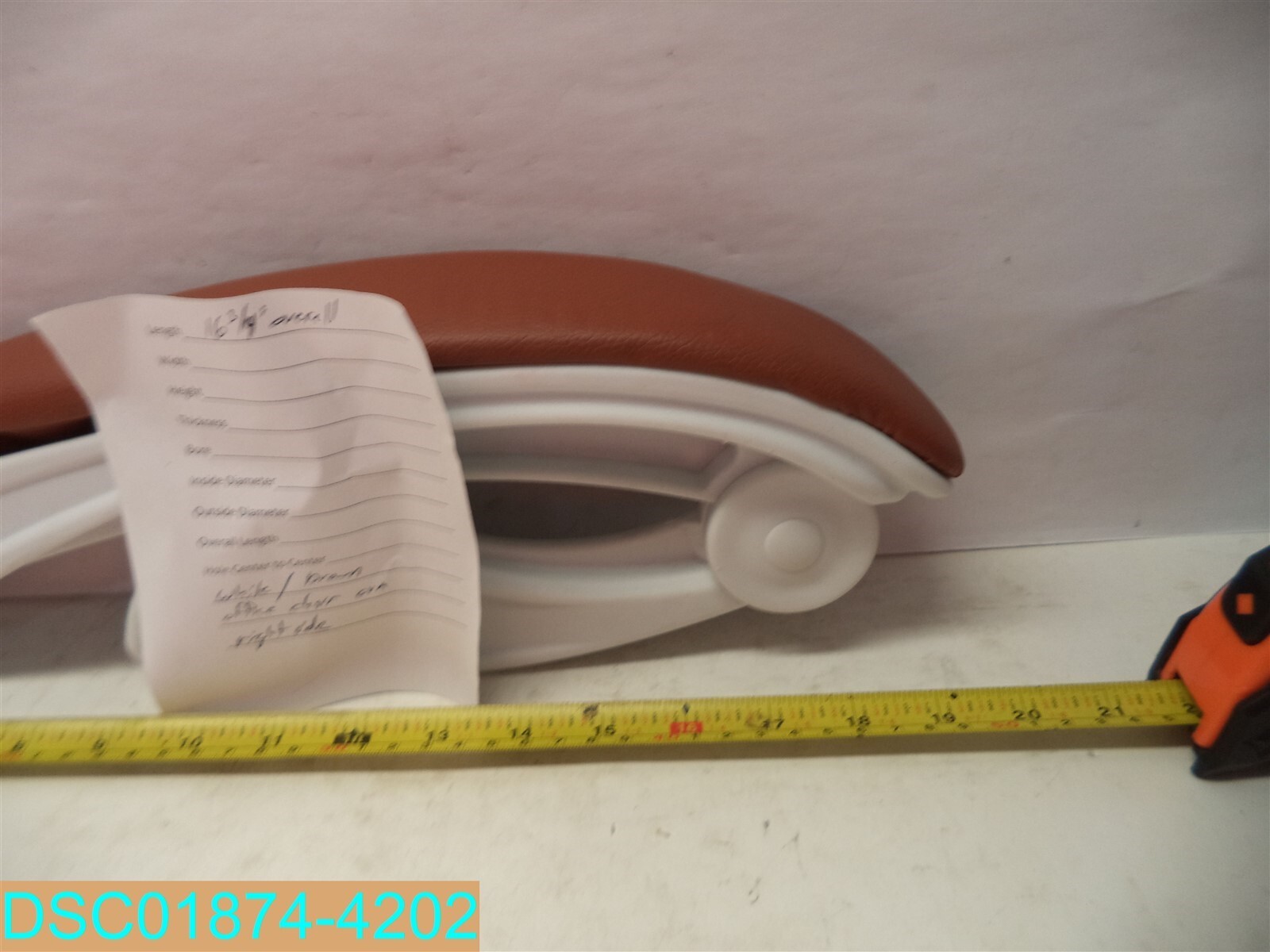 WHITE AND BROWN OFFICE CHAIR ARM RIGHT SIDE 16-3/4" L