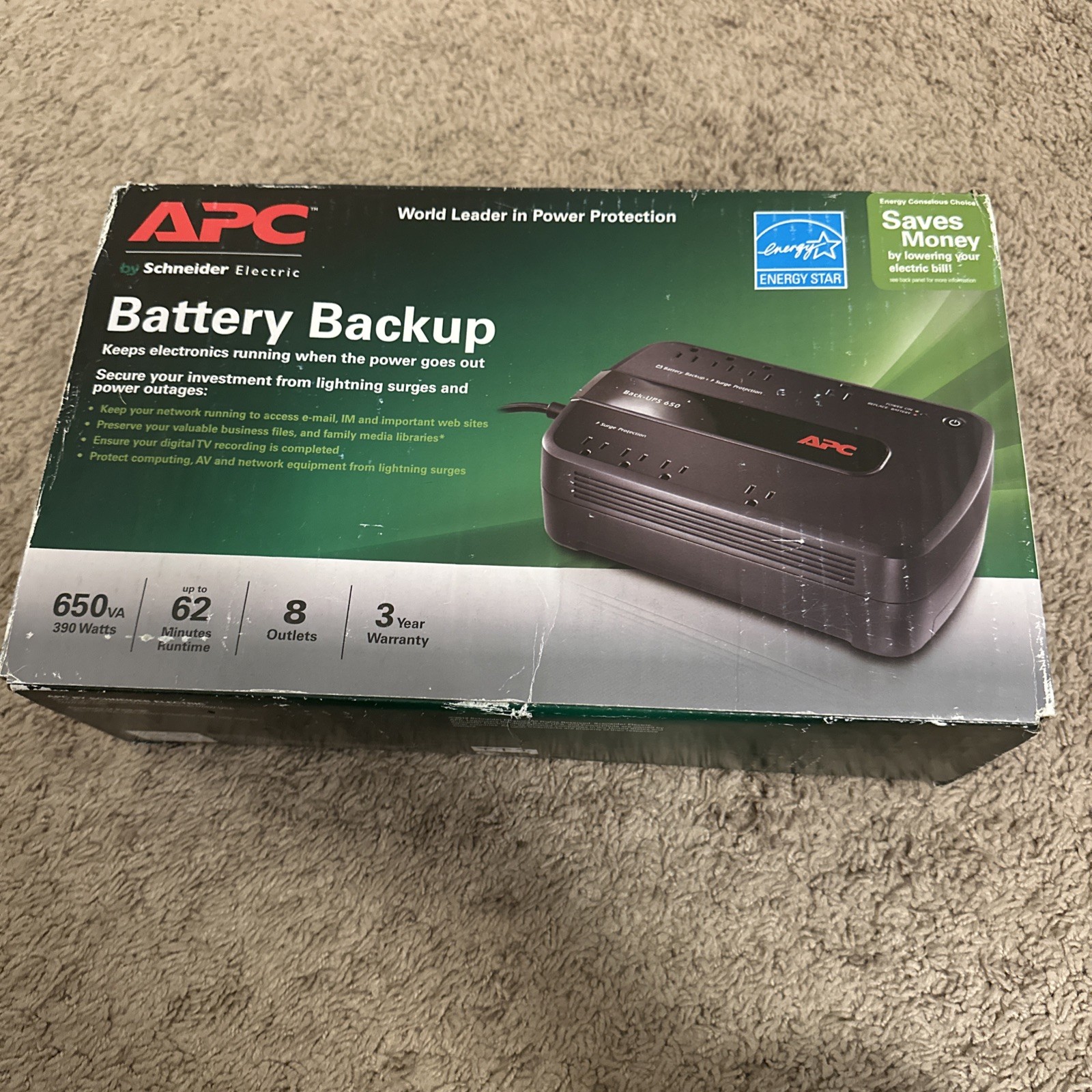 APC Back-UPS ES 650 BE650G1 650VA 390W 8-Outlet 120V Battery+Surge