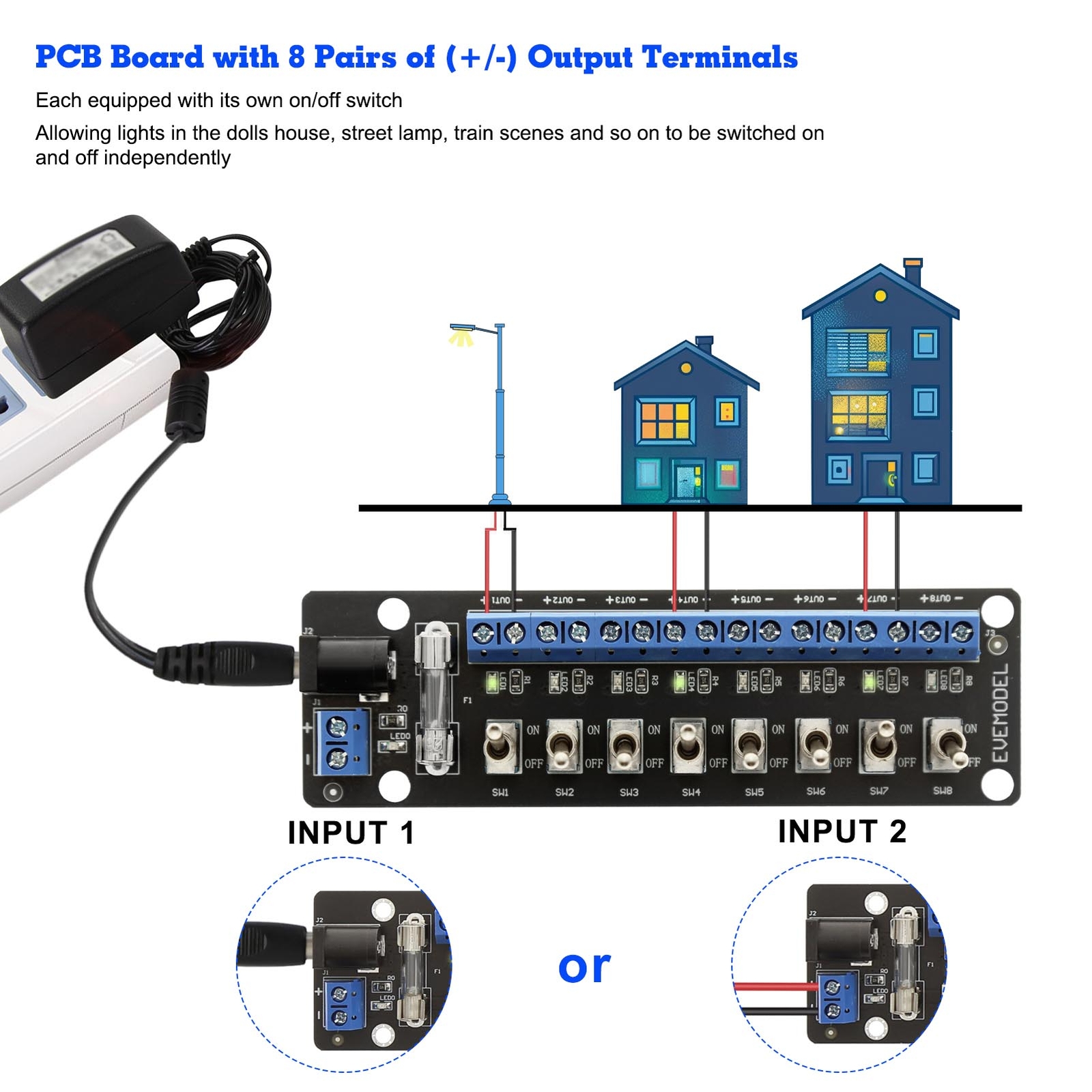 Evemodel 3V-24V DC Individual Toggle Switch Power Distribution Module 8 Channel