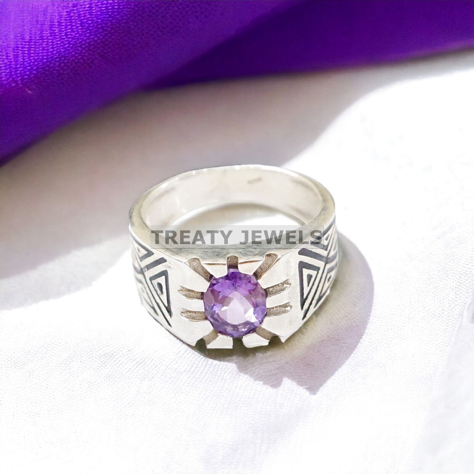 Alexandrite Round Cut Gemstone With 14K Solid White Gold Ring For Men's #54