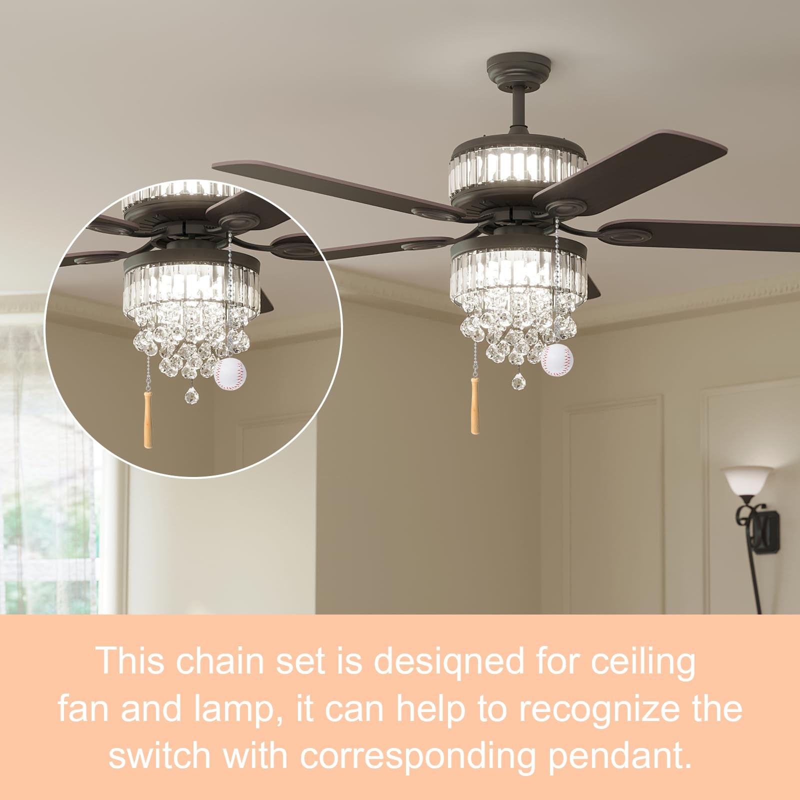 2 Pcs Baseball Pull Chain Extension, Light Pull Chain Fan Pull-Chains Extensi...