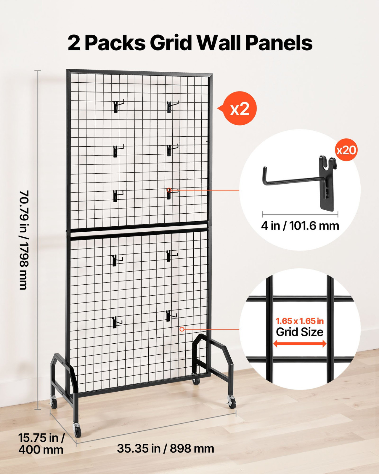 2 Packs Grid Wall Panel 2.9 x 5.9 ft Wire Display Rack with Wheels & Hooks