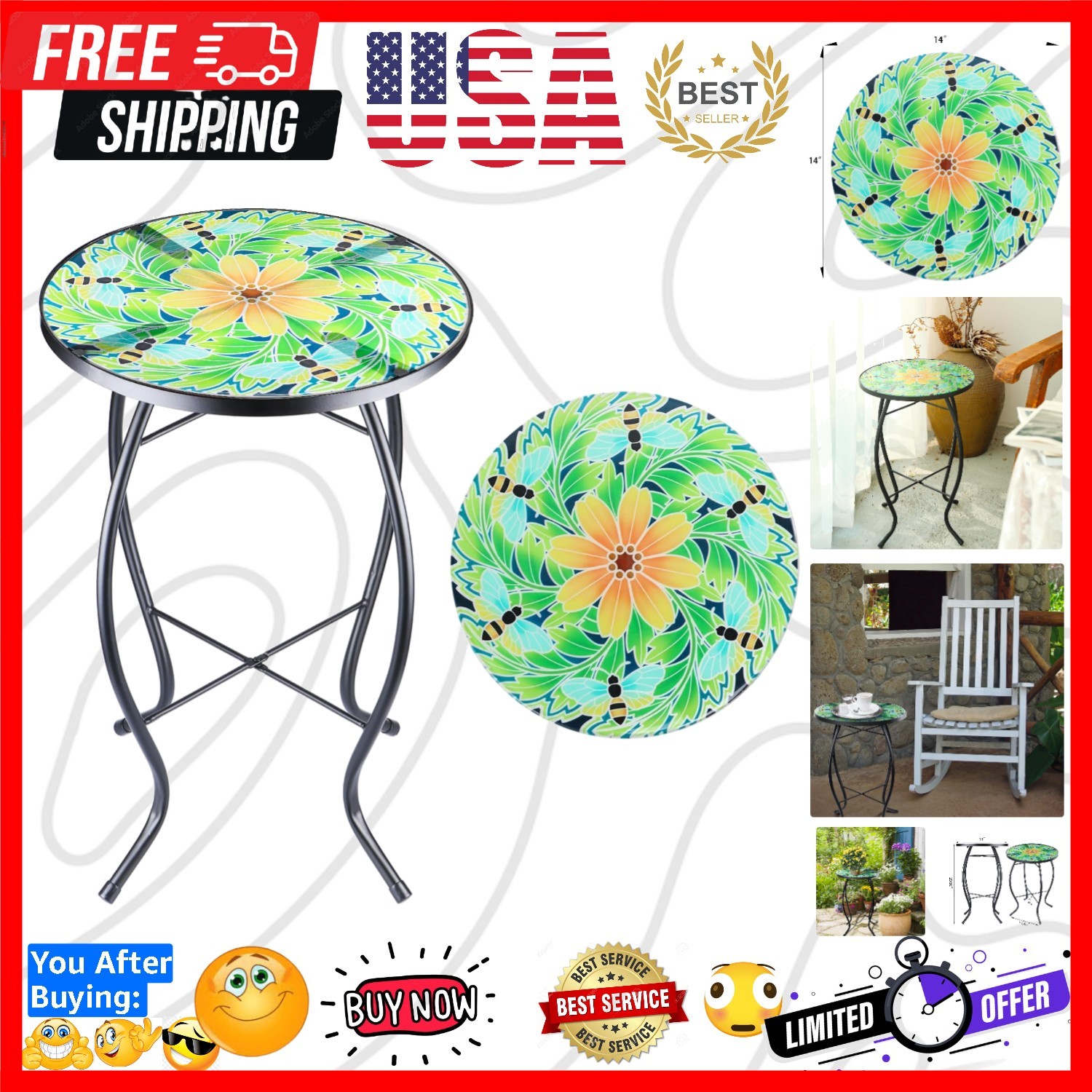Outdoor Side Table Mosaic End Patio Side Table Small End Tables Glass Top Rou...