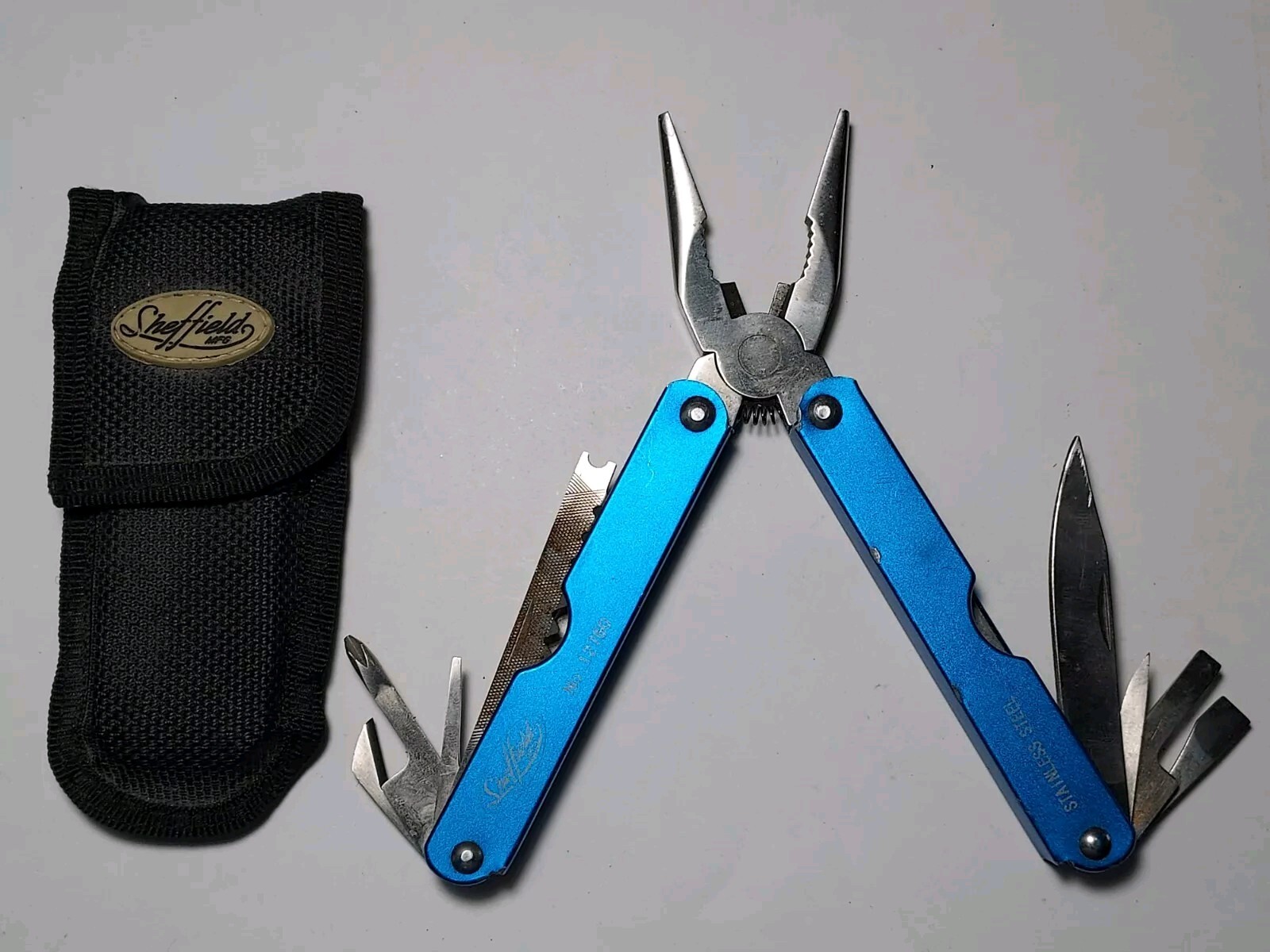 Sheffield Blue Stainless Steel Multi Tool #12760 with nylon pouch