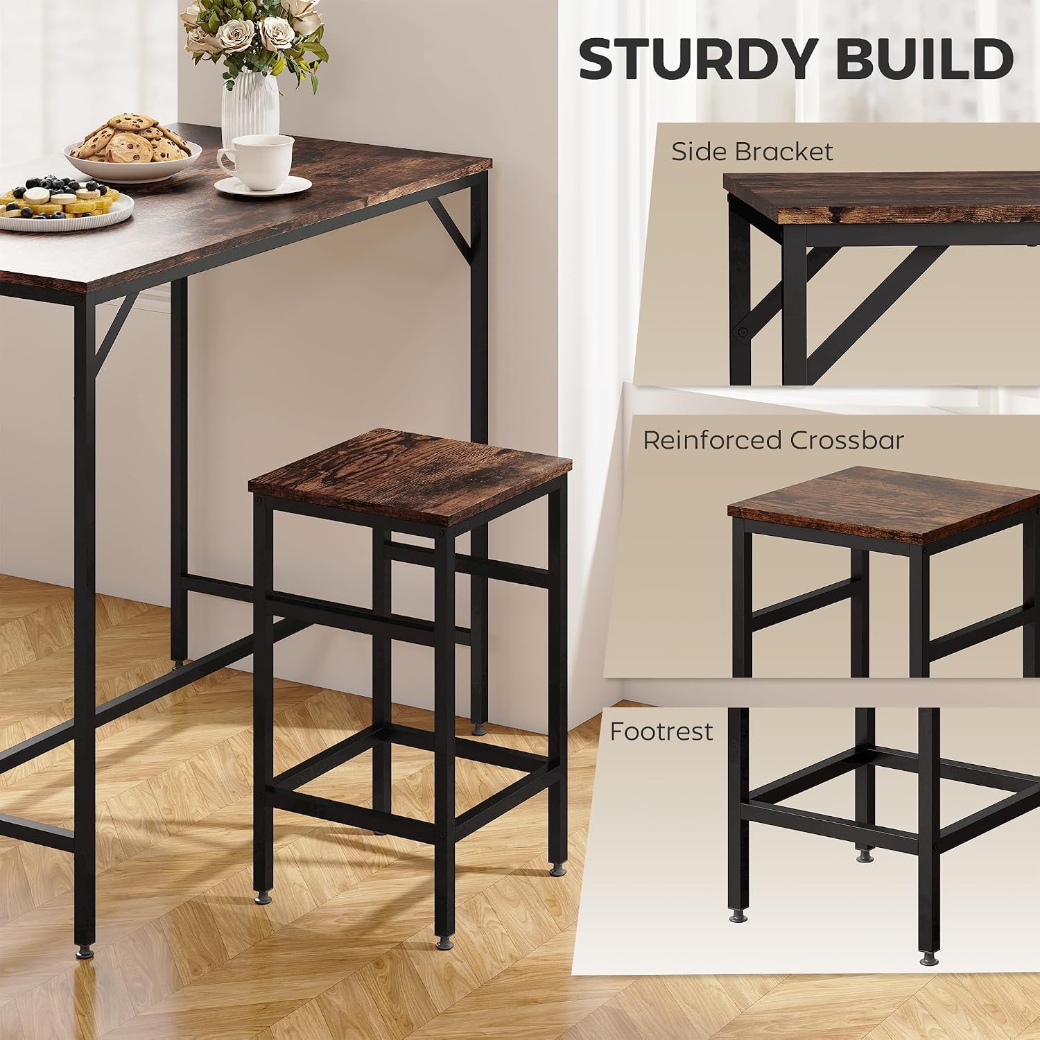 5-Piece Industrial Dining Table Set, Bar Table & 4 Stools Set, Space Saving for