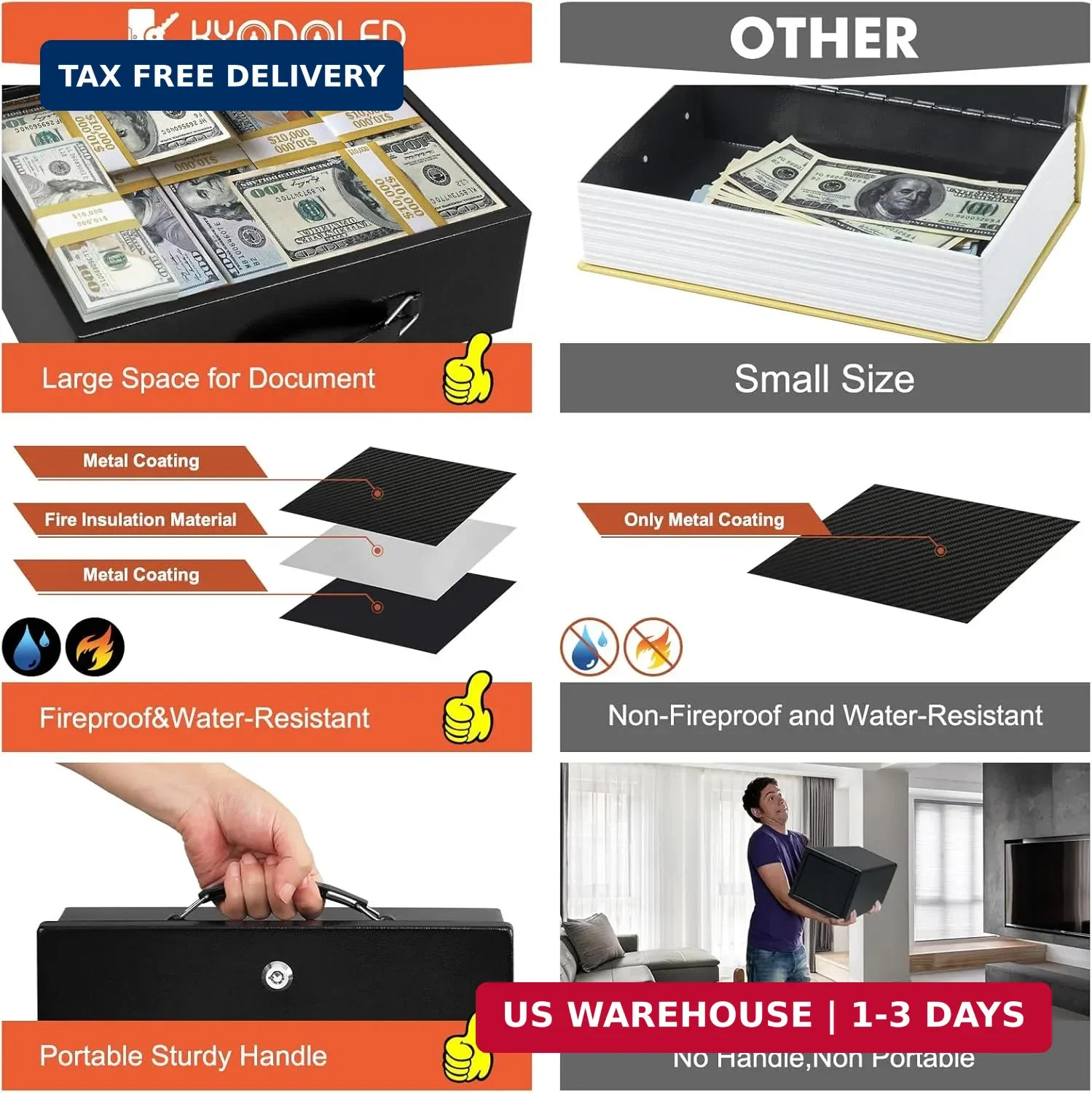 KYODOLED Fireproof Document Box with Key Lock, Small Lock Boxes for Personal Ite