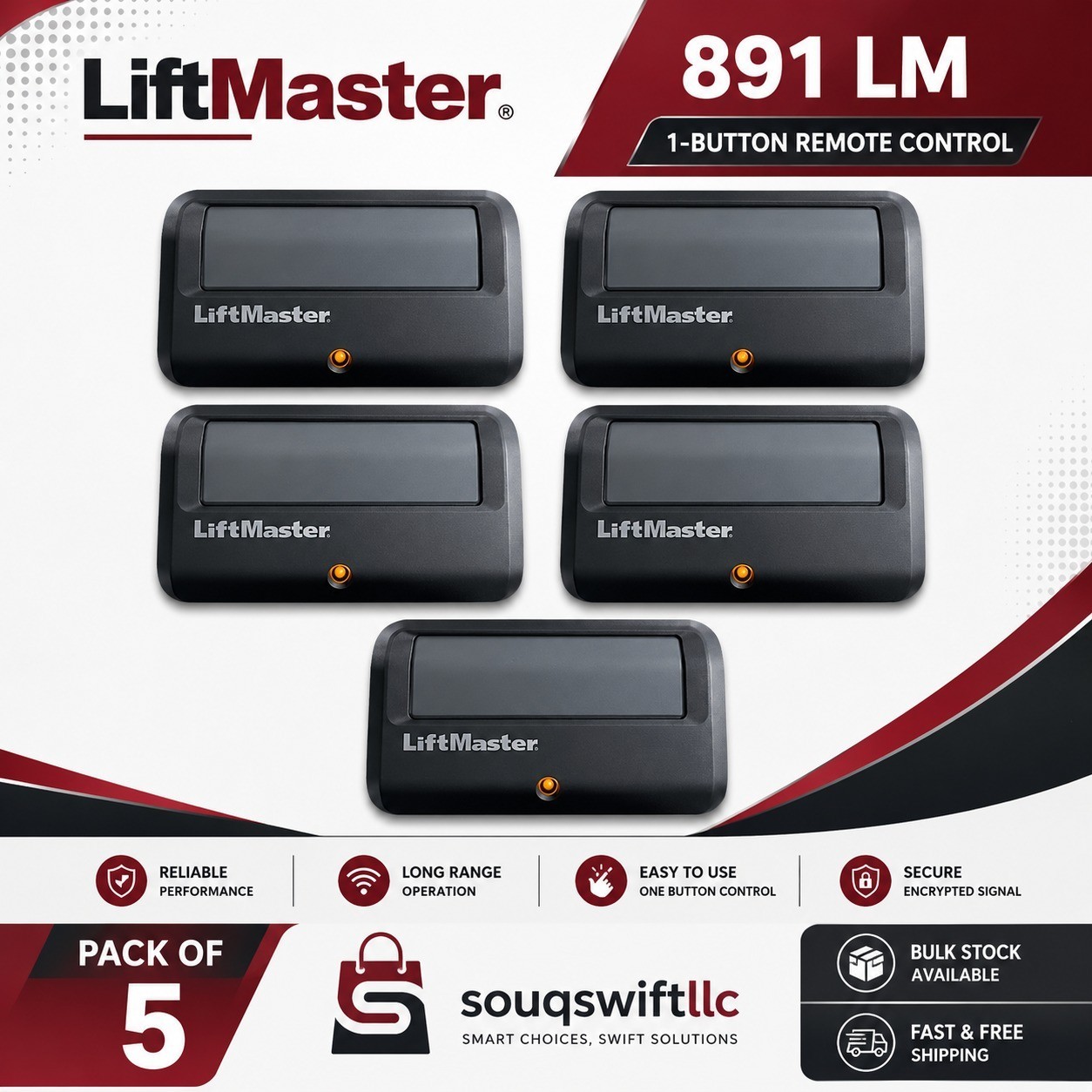 5 Pack 891 LM LiftMaster 1 Button Remote Control Garage Opener Security+2.0