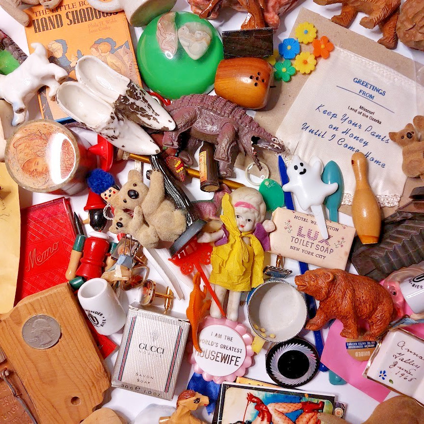 Tin of Vintage & Antique Bric A Brac - Miniatures, souvenirs, toys, pins etc