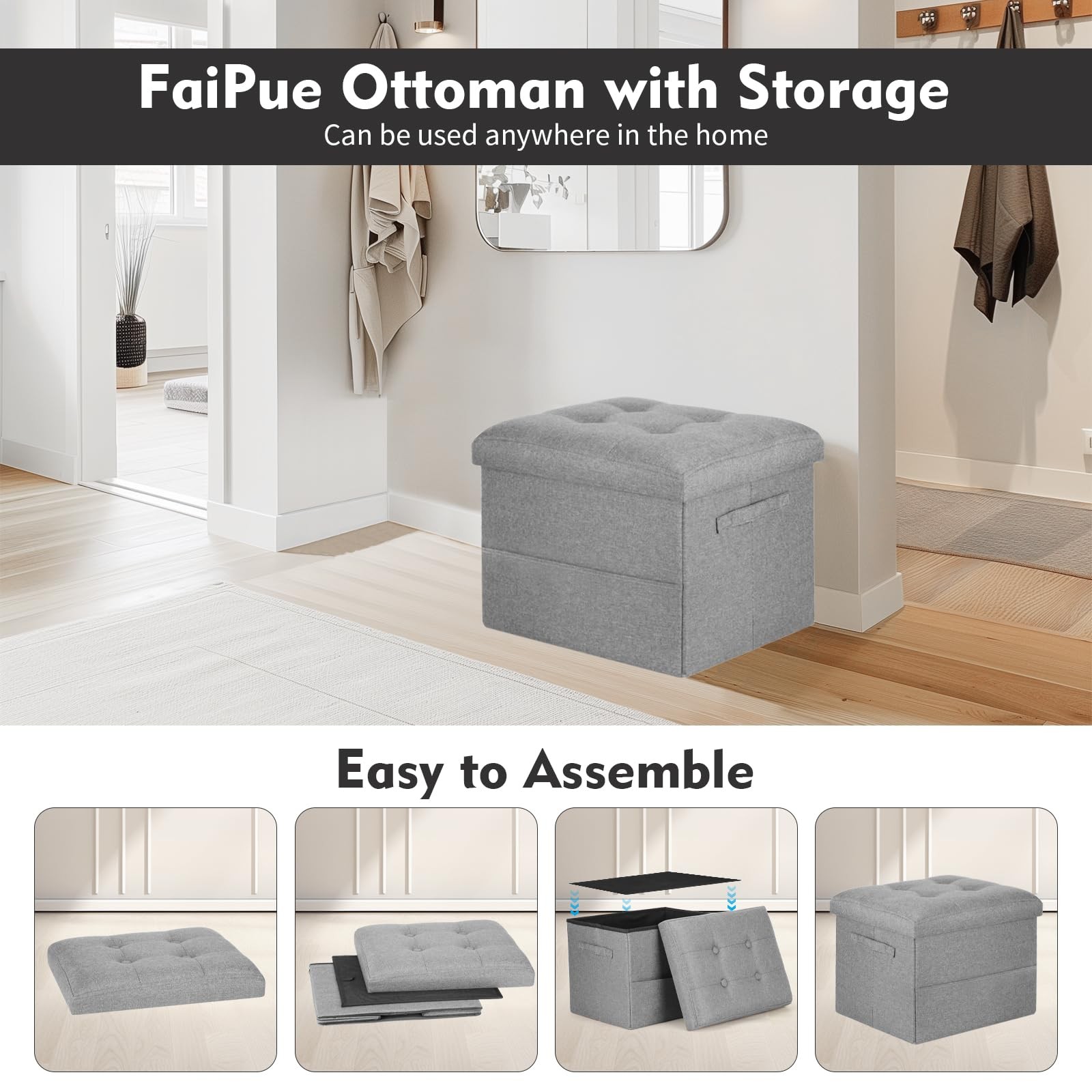 Folding Storage Ottoman, Linen Footstool Bench with Thicker Foam Padded Seat....