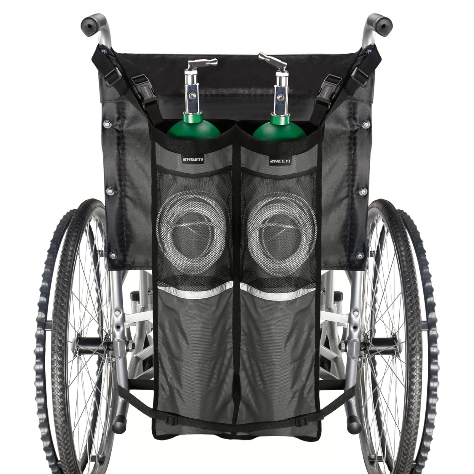 Dual Oxygen Tank Holder Adjustable Zippers Mesh Pockets Fits Most WheelchairGray