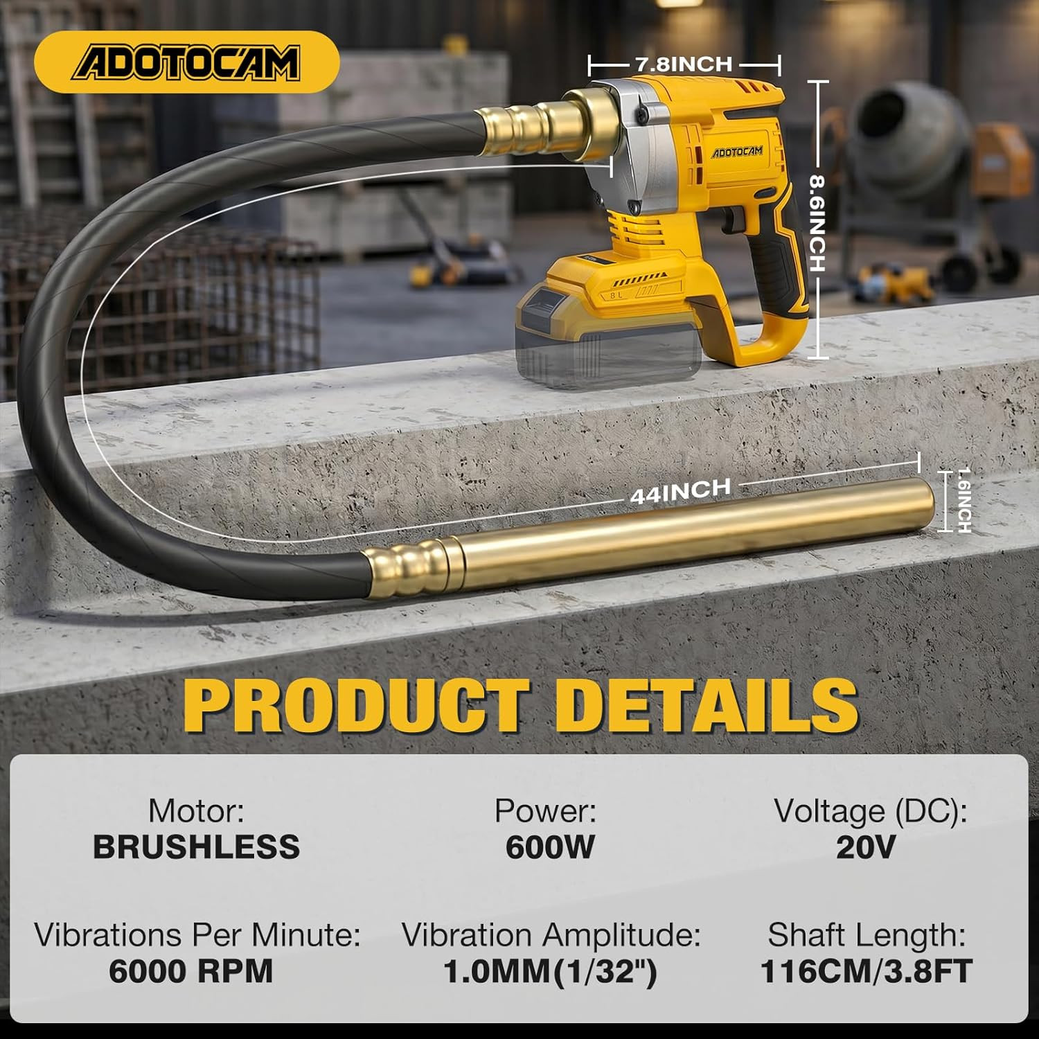 Handheld Concrete Vibrating Tool Compatible with Dewalt 20V Battery (No Battery)