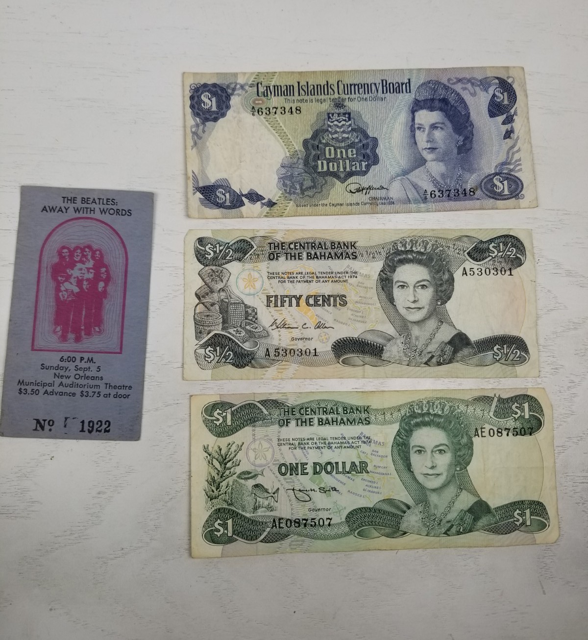 Vintage Cayman Islands Bahamas Currency 1974 $1 $1/2 Beatles Ticket