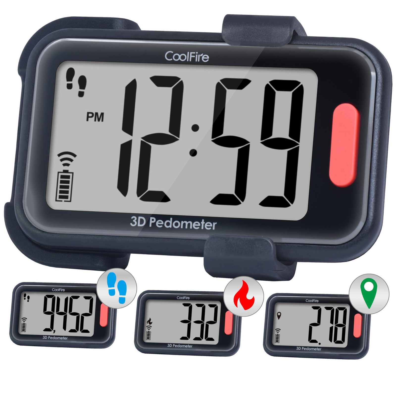 CoolFire - Clip-On 3D Pedometer Step Counter for Walking Steps, mat black