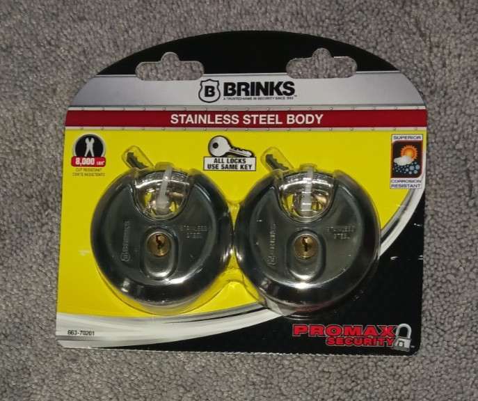 2 pack BRINKS Stainless Steel 70mm Keyed Discus Padlock 5/8in Shackle 663-70201