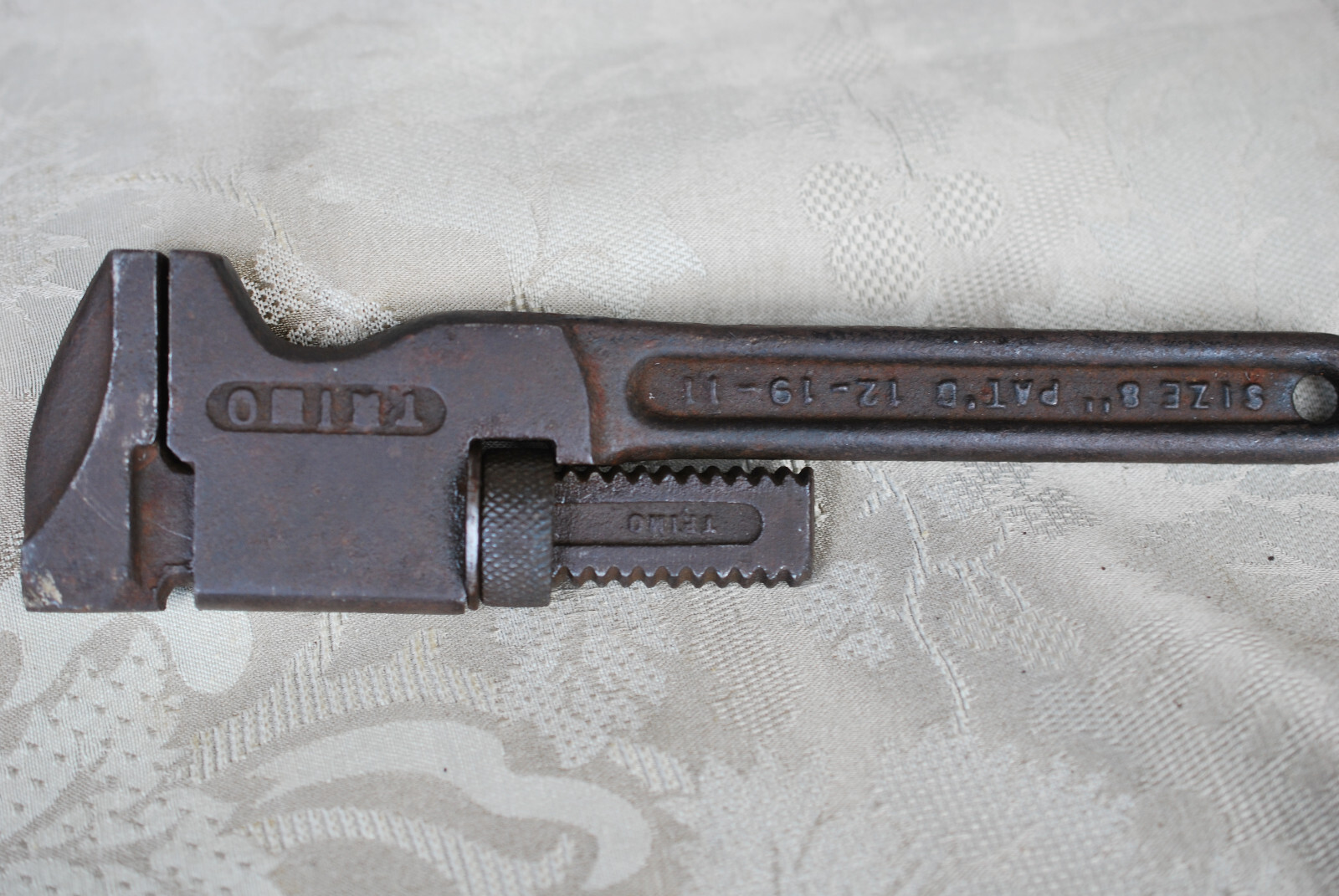 Antique TRIMO 8" Drop Forged Pipe Wrench 1911 Trimont Mfg Co Roxbury Mass USA