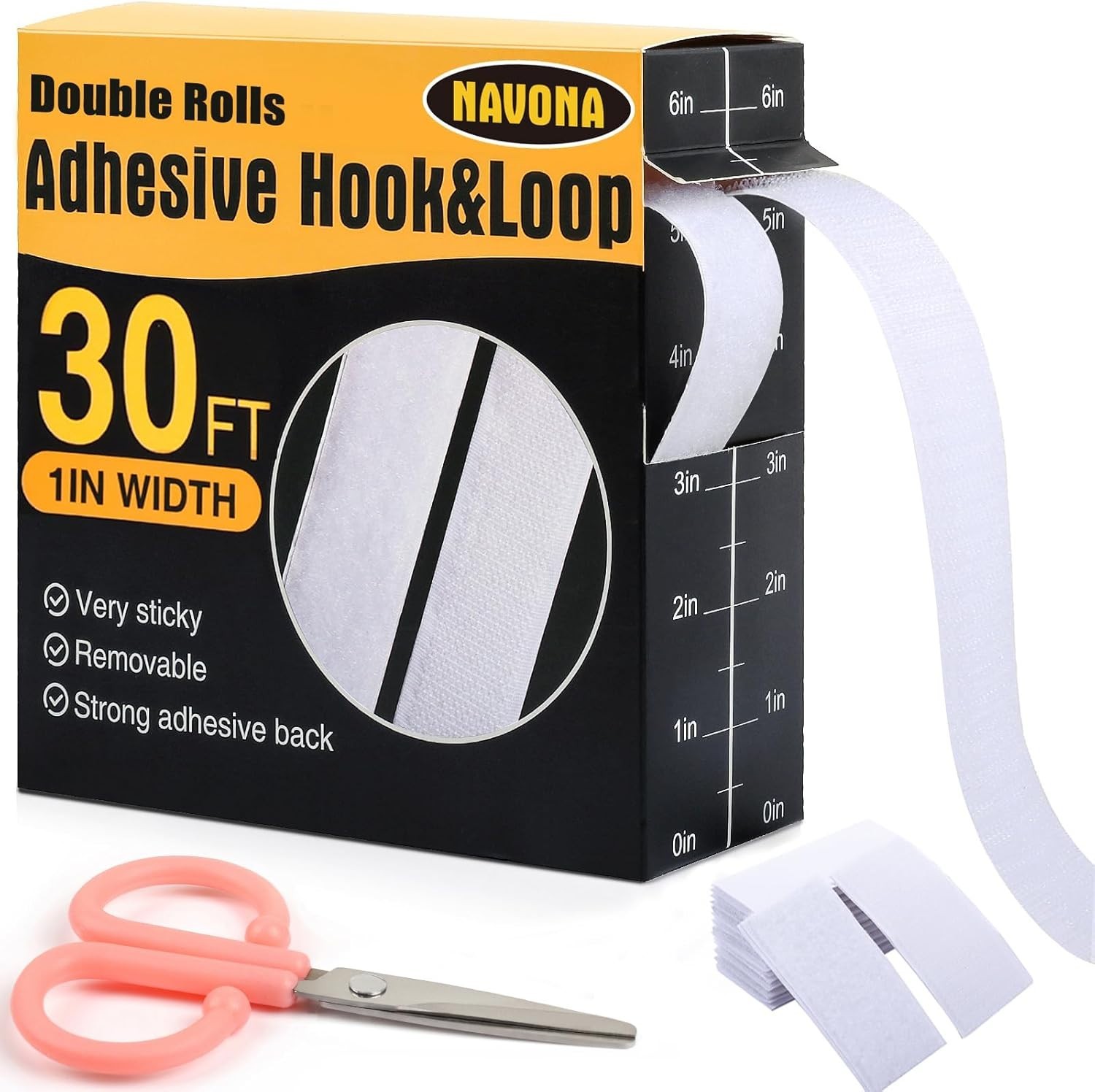30Ft x 1 Inch Hook and Loop Strips with Adhesive – 2 Rolls Heavy Duty Hook an...