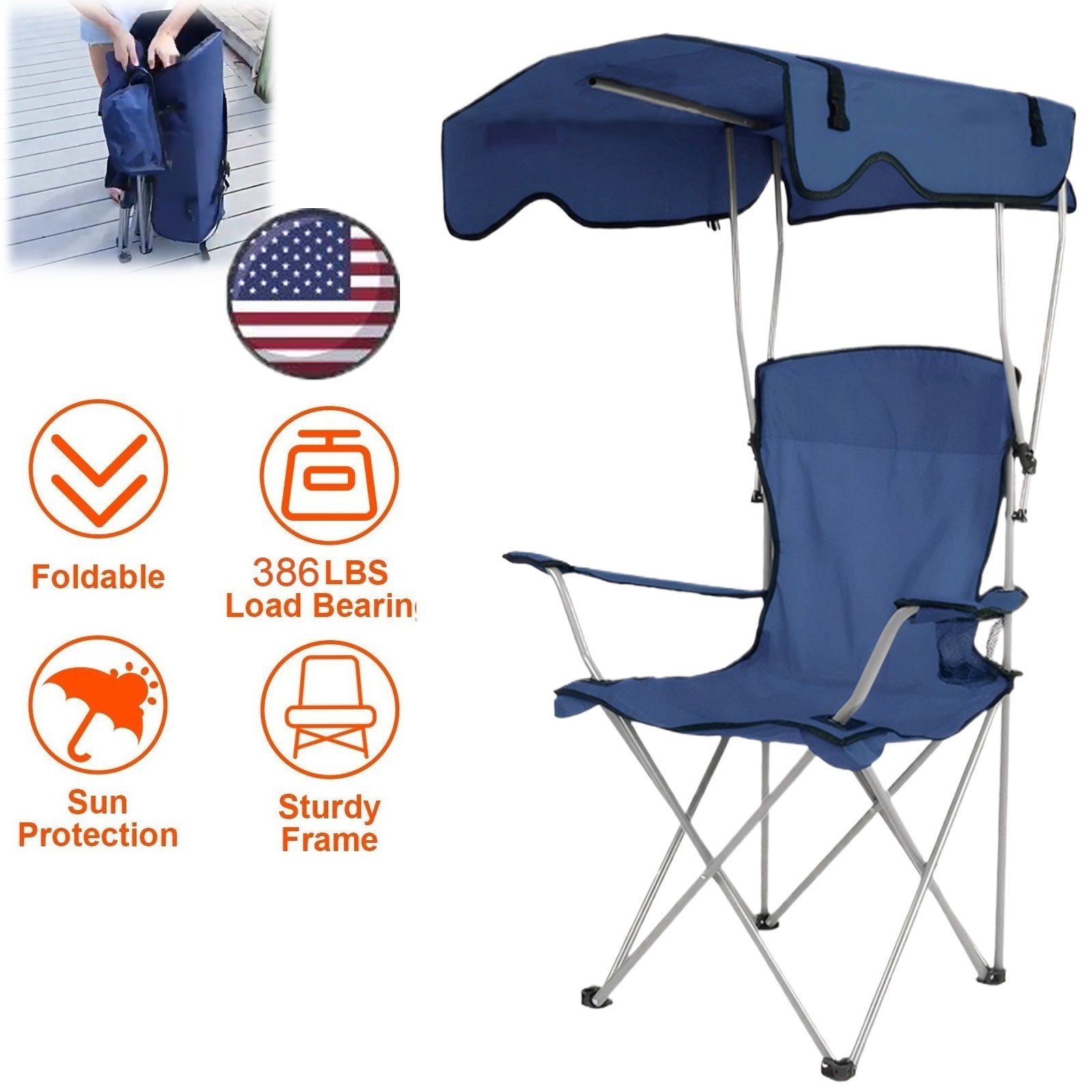 Portable Camping Chair w/Canopy Folding Chair for Beach,Picnics Fishing Blue