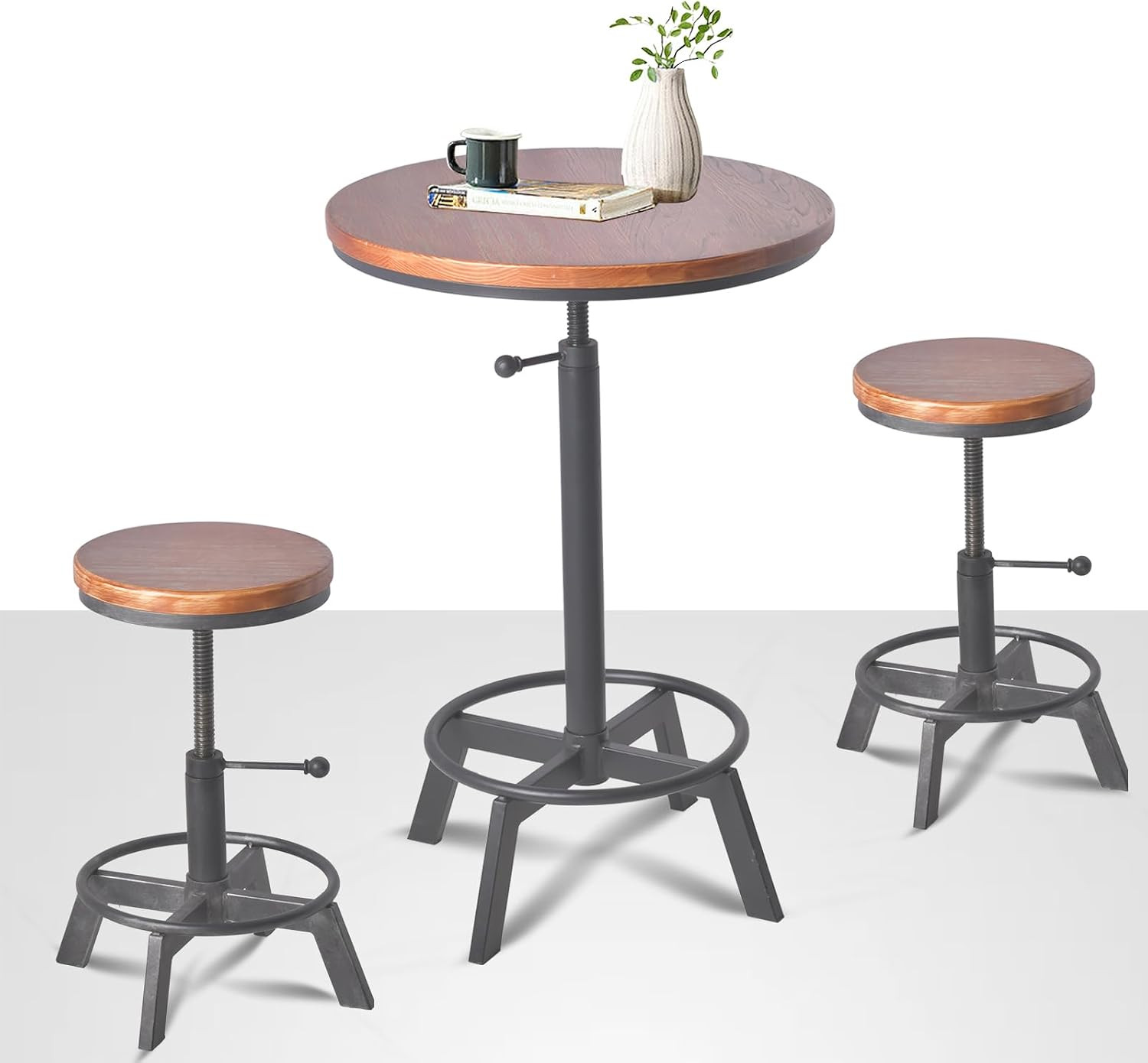 Industrial Bar Table and Chairs Set 3 Pieces Vintage Pub Table with Stools Swive