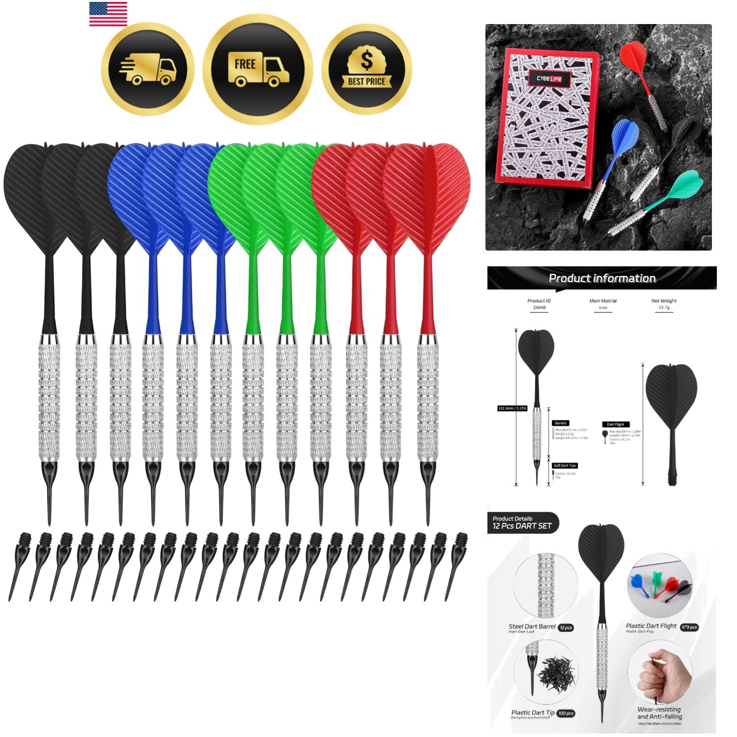 Plastic Tip Darts,12pcs Soft Darts Set with 100 Plastic Tips for Electronic D...