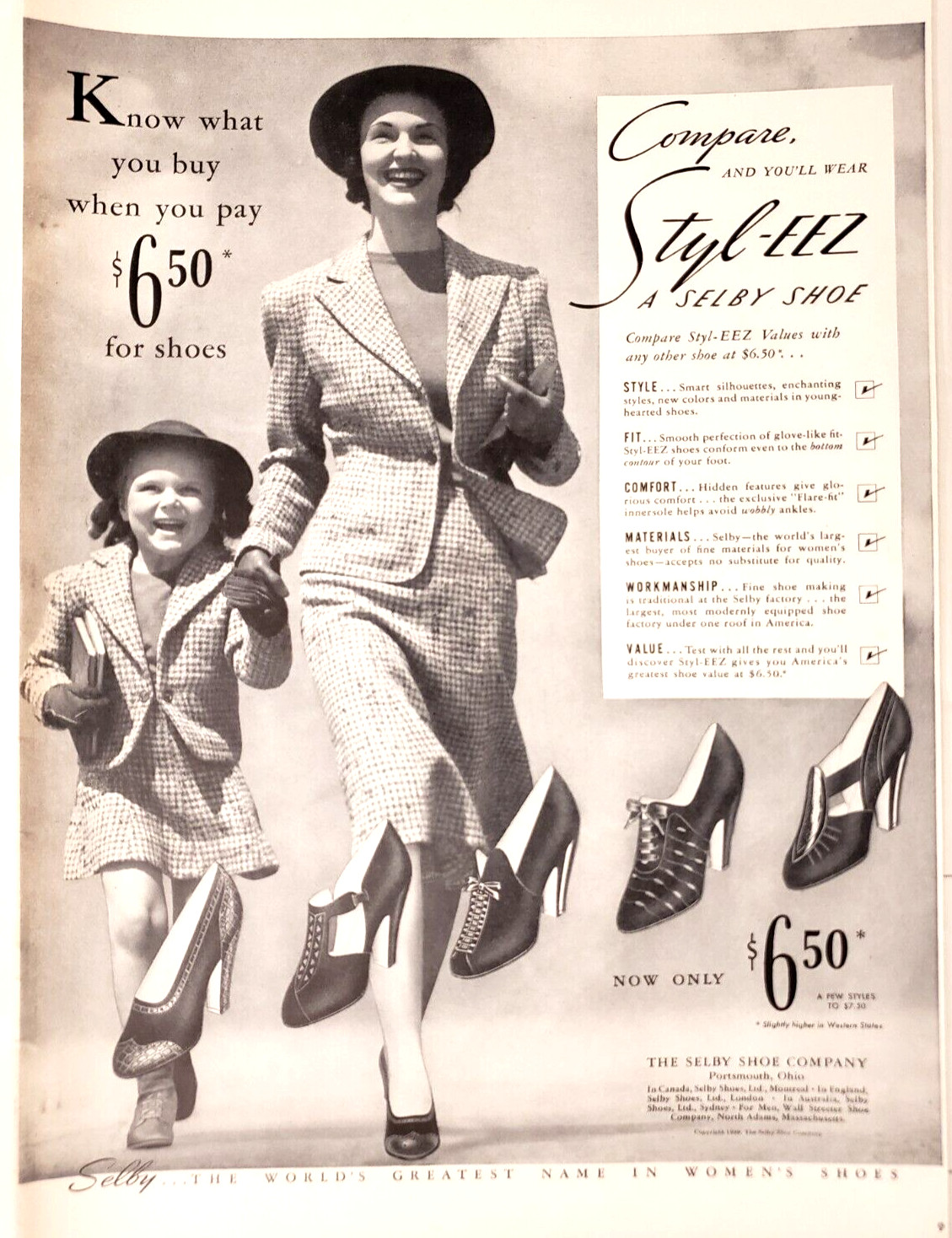PRINT AD Selby Styl-EEZ Shoes 1939 9.5x13 Heels Pumps Portsmouth Ohio
