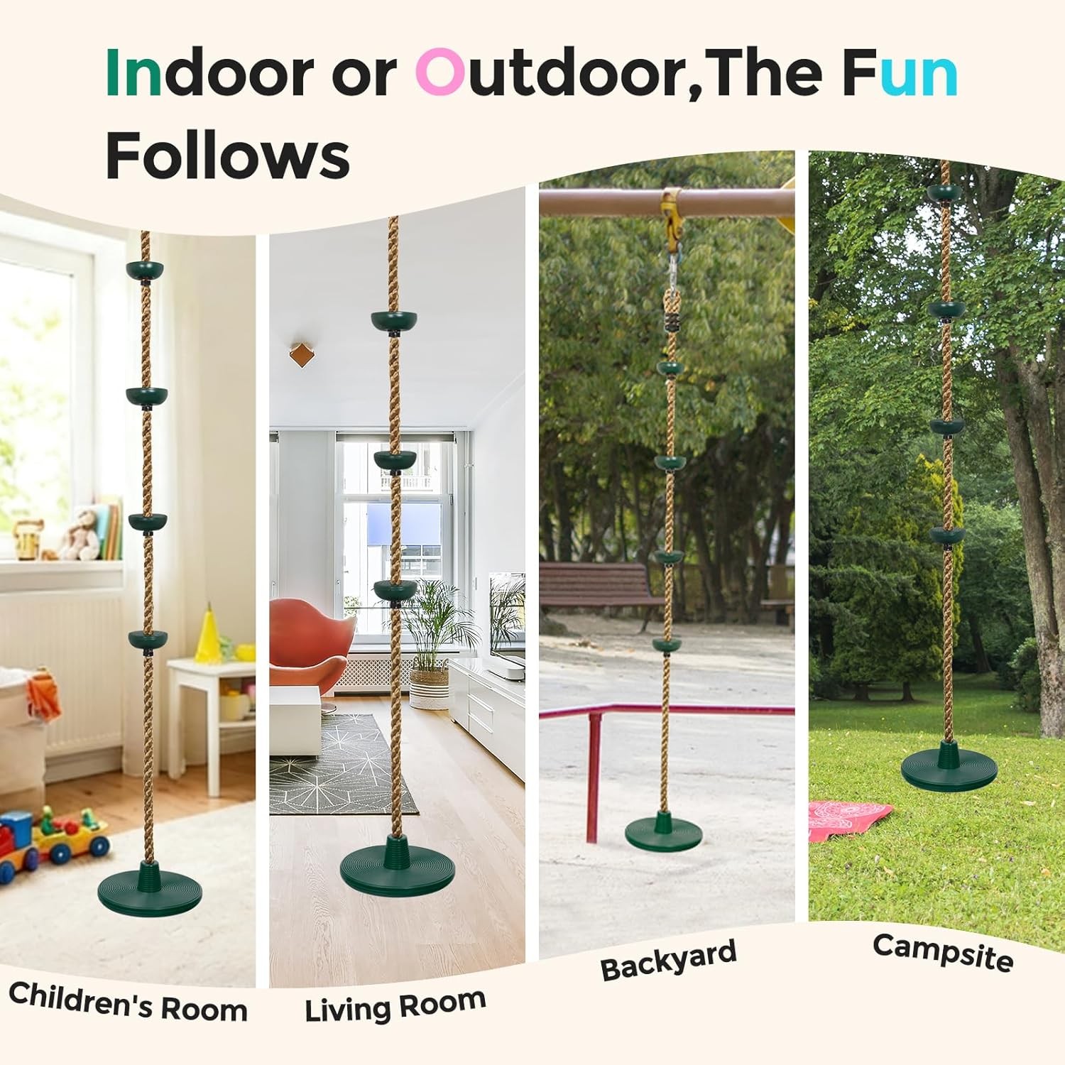 DECORLIFE Tree Swing for Kids Climbing Rope Disc Swing with Platforms Green