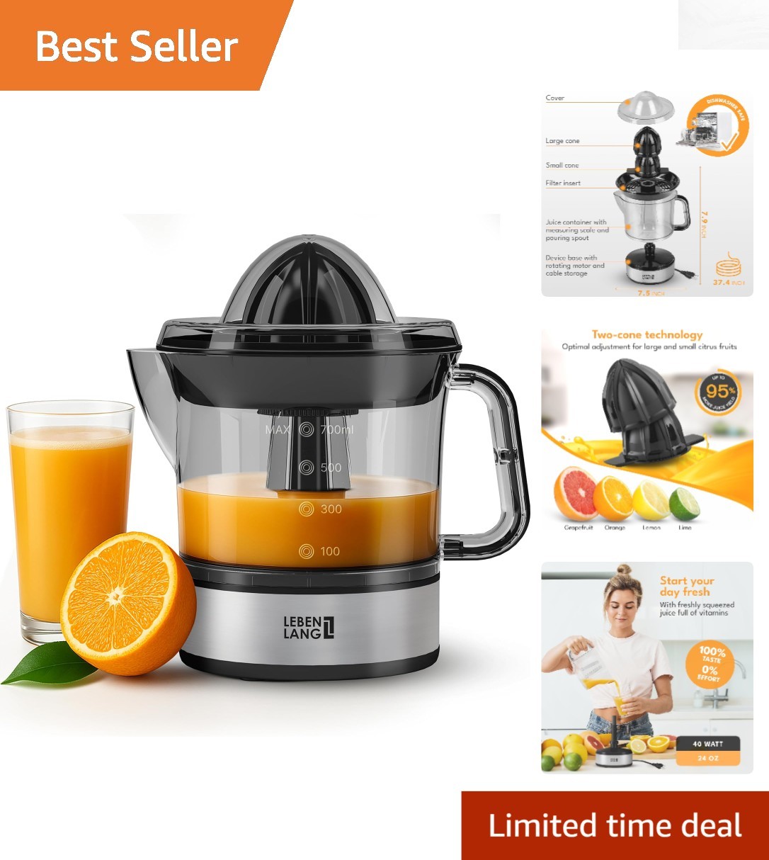 Versatile 24oz Electric Citrus Juicer - Ideal for Home, BPA-Free & Easy to Clean