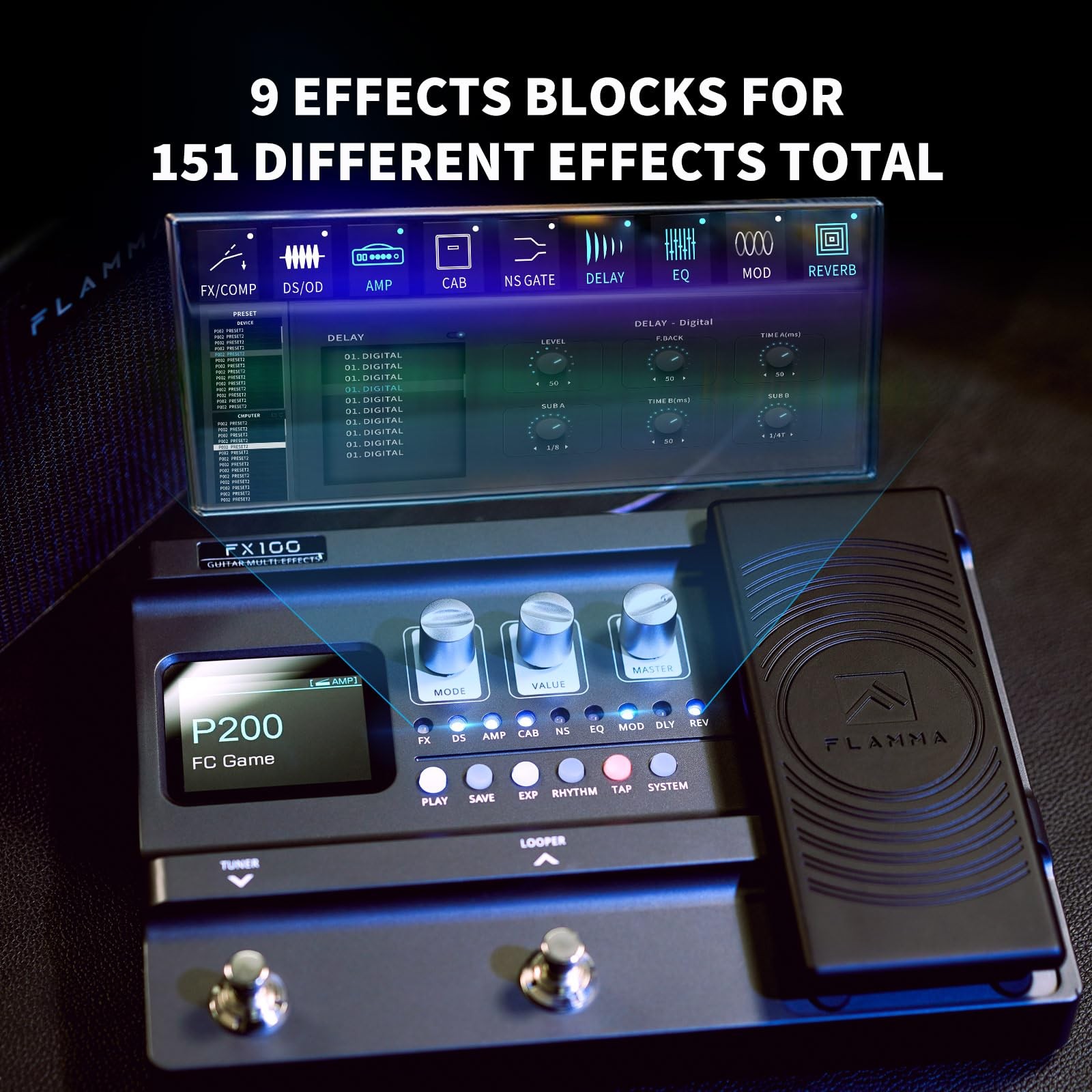 FLAMMA FX100 Guitar Multi-effects Pedal with 55 Amp Models 151 Built-in Effects