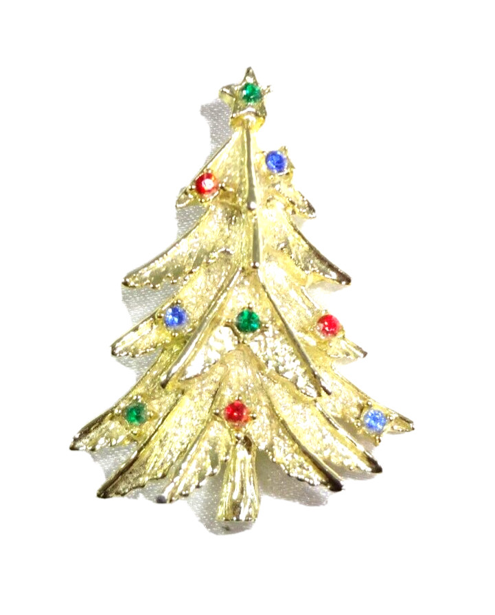 VTG GERRY'S Golden Toned Christmas Tree Rhinestone Ornaments Brooch / Pin!