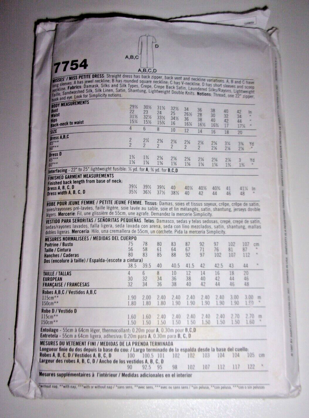 SIMPLICITY 7754 - BASIC 2 HOUR DRESS, SIZE 10, 12, 14