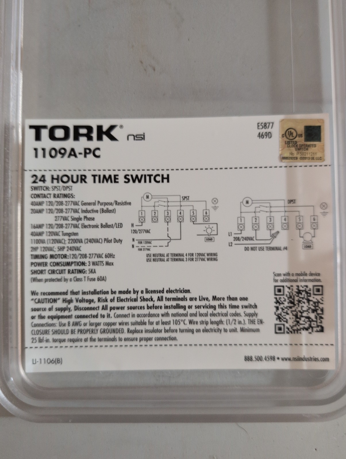 Tork 1109A-PC Multi-Volt Time Switch 120/208-277V Indoor Metal Case