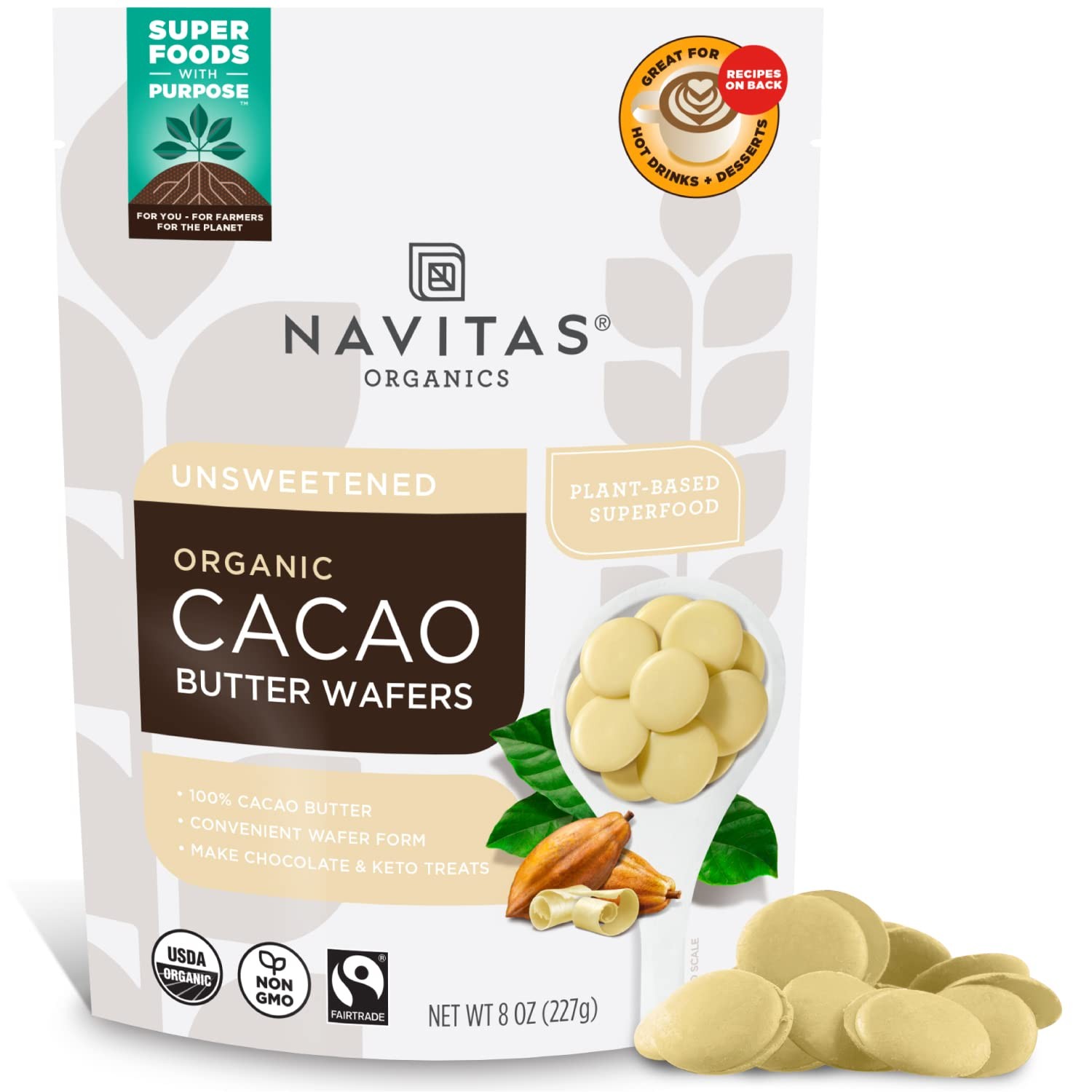 Navitas Organics Cacao Butter Wafers – For Hot Cocoa, 8 Ounce, No Color