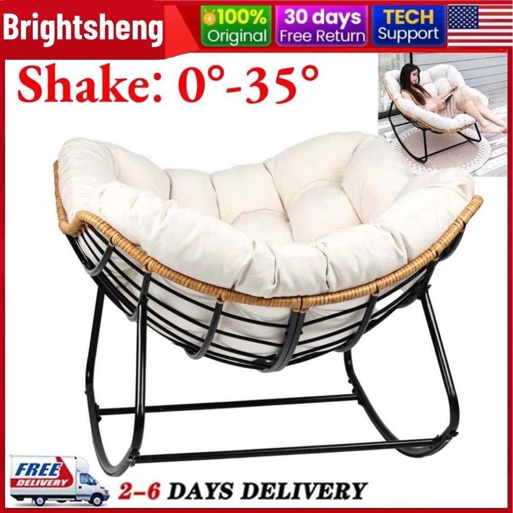 Oversized Rattan Egg Rocking Chair Outdoor Patio Indoor Papasan Chair W/ Cushion