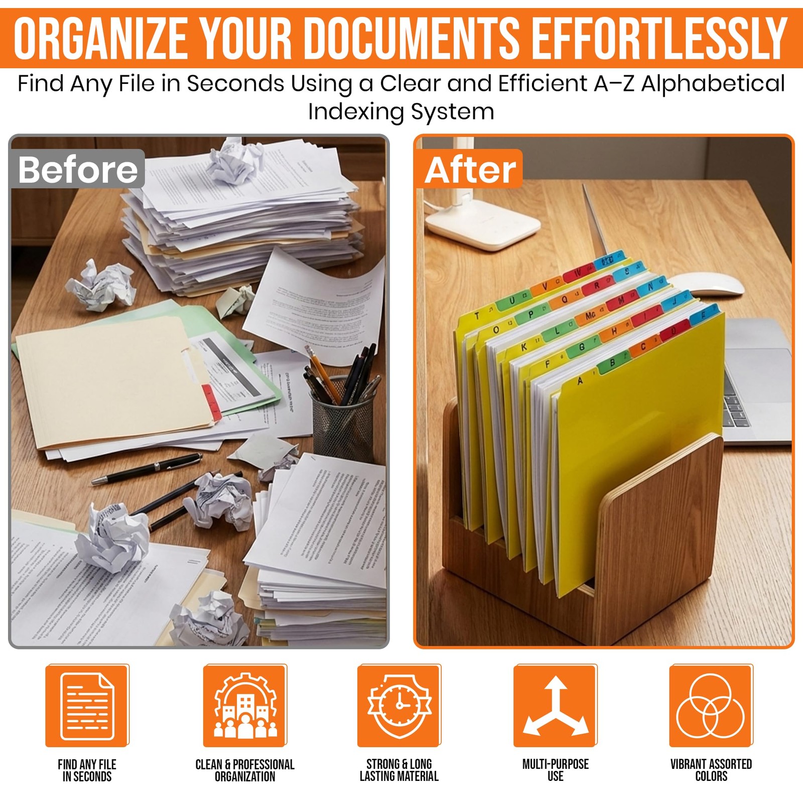 A-Z Alphabetical Hanging File Folder Guide Dividers, Heavyweight 5 Color Code...