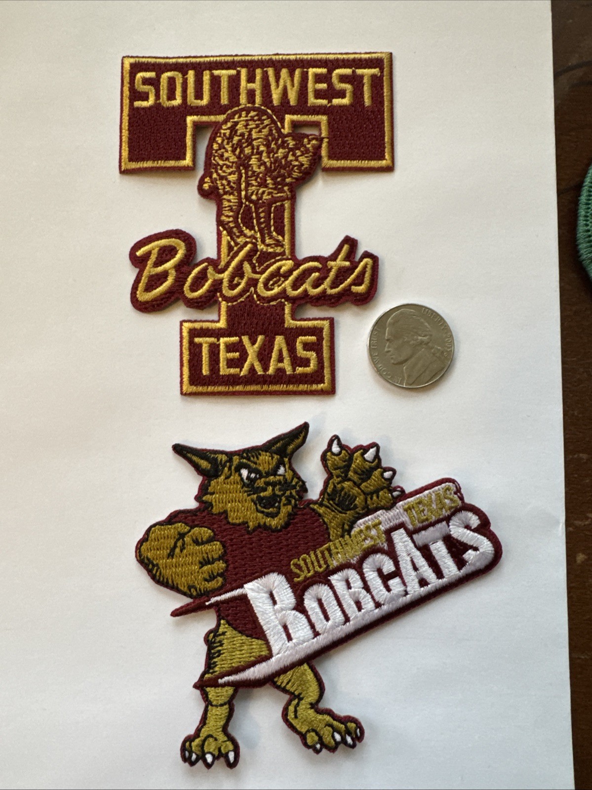 2 SOUTHWEST TEXAS STATE BOBCATS VINTAGE IRON ON PATCHES Patch Lot 3.5”