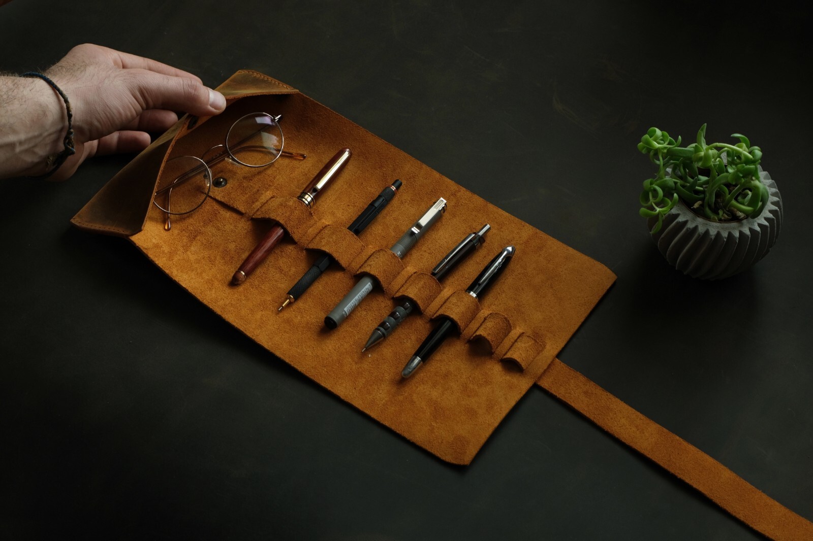 Handmade Leather Roll Up Pen Case - Barrel