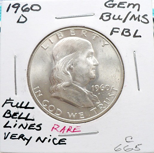 1960-D FRANKLIN HALF DOLLAR, GEM BU FULL BELL LINES-RARE, VERY NICE, WHITE C665