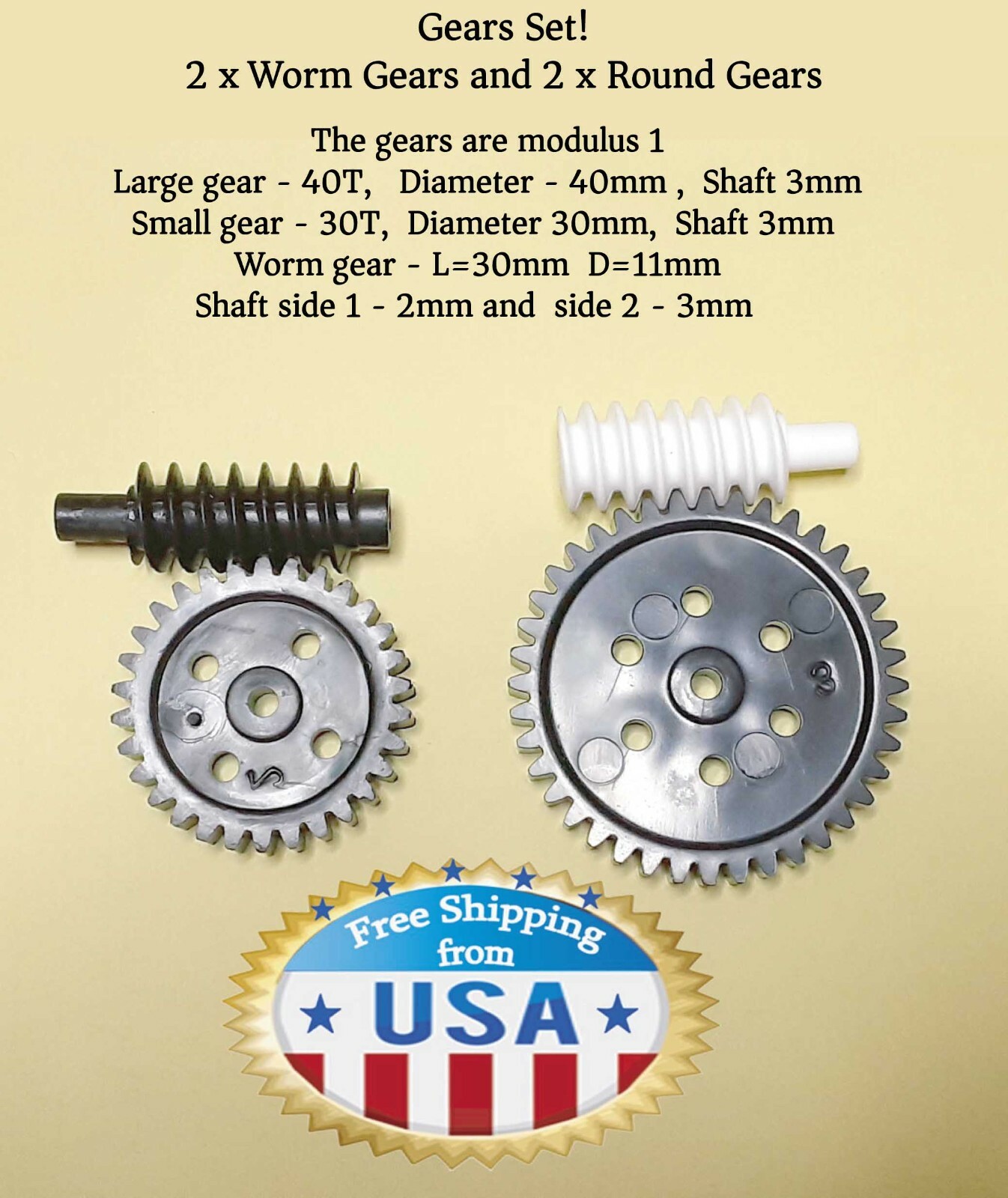 Set of Plastic Gears - 2x Worm gears and 2 x Round gears Modul 1- New