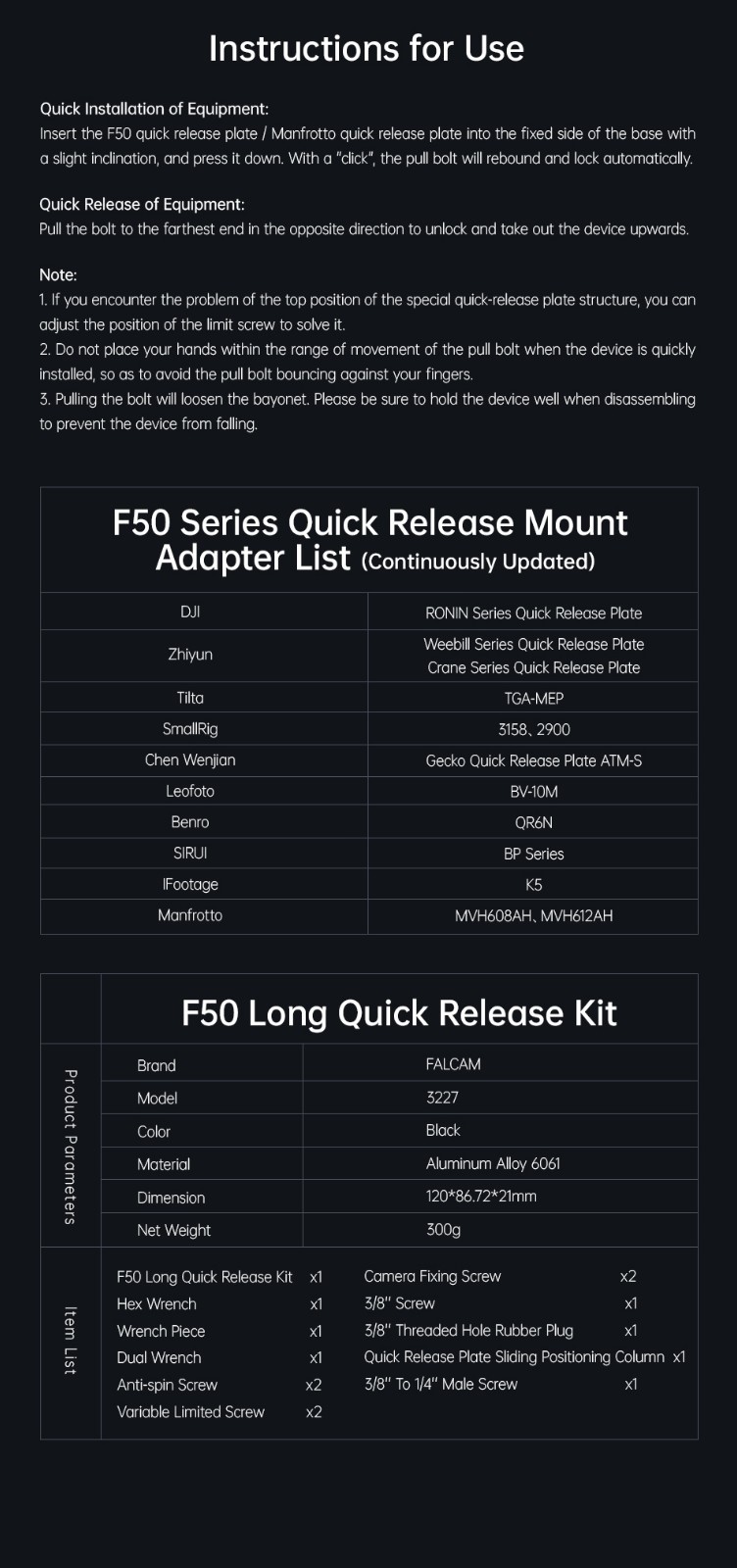 FALCAM F50 Long Quick Release for Big Cinema Camera Mounting Adapter QR System