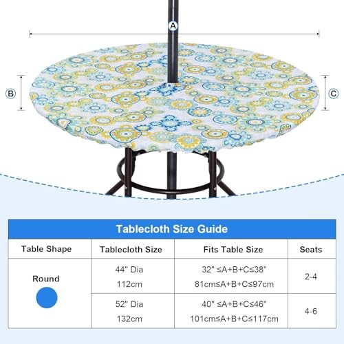 Fitted Round Outdoor Tablecloth, Polyester SpillProof Table 52" (Round) Floral