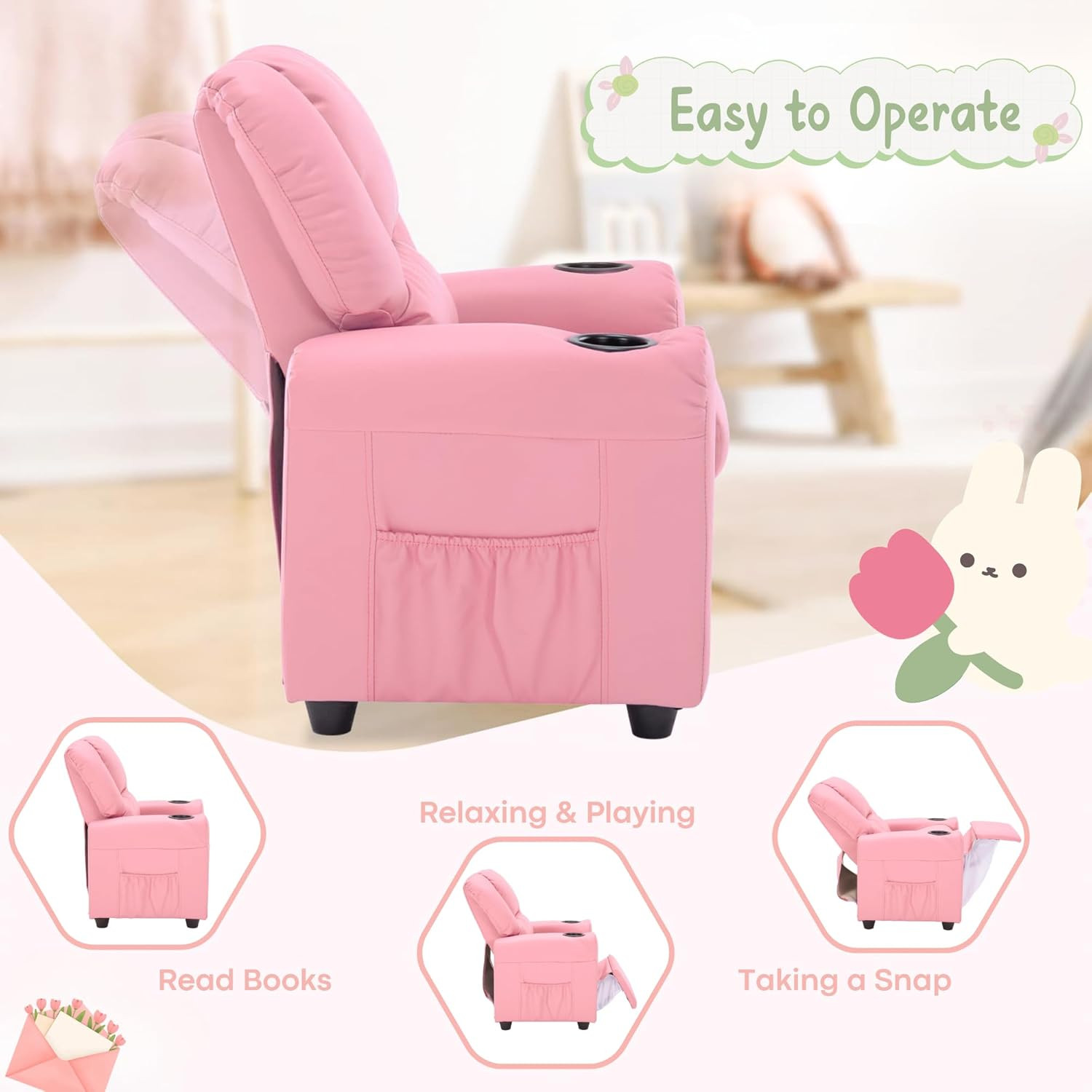 Candy Kids Reclining Chair Leather Recliner Sofa Push Back Toddler Youth Childre