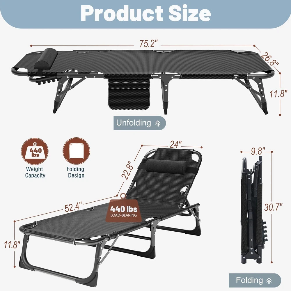 Folding Chaise Patio Lounge Chairs, Outdoor Reclining Patio Chairs, Heavy Duty