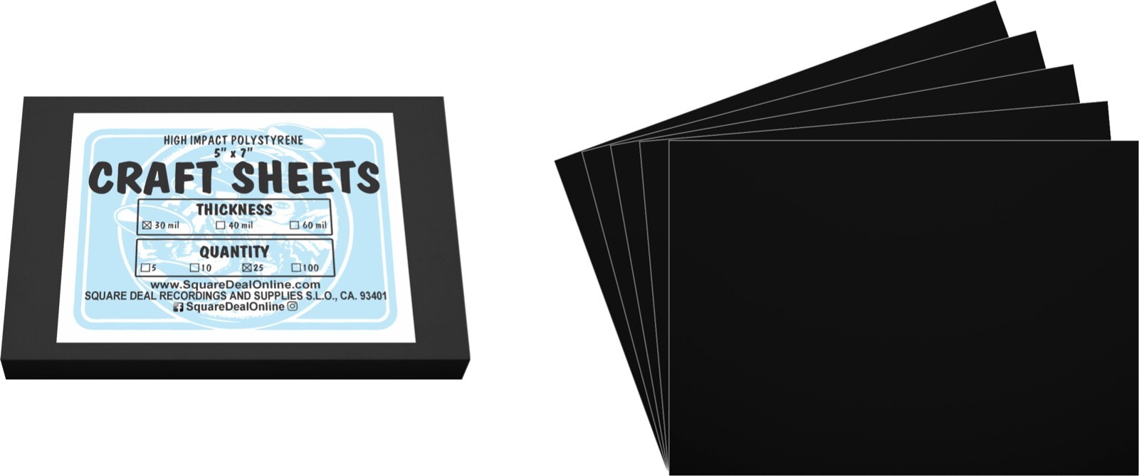 Black Flex Plasticard Polystyrene Craft Sheets - 5"x7" - .030" thick - 25 Pack