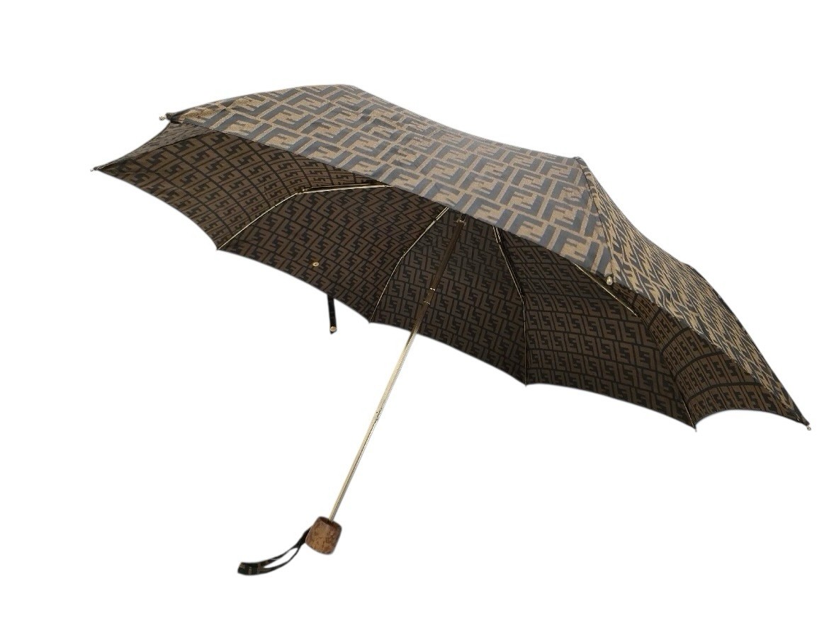 Authentic FENDI Umbrella Vintage Zucca Pattern Classic FF Logo Folding Umbrella