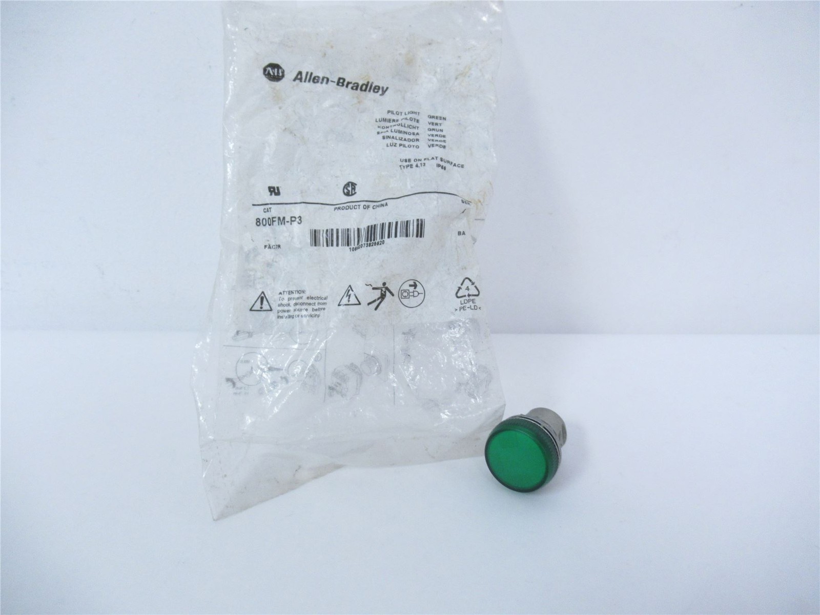 241858 New-No Box; Allen-Bradley 800FM-P3 Pilot Light Switch - Green