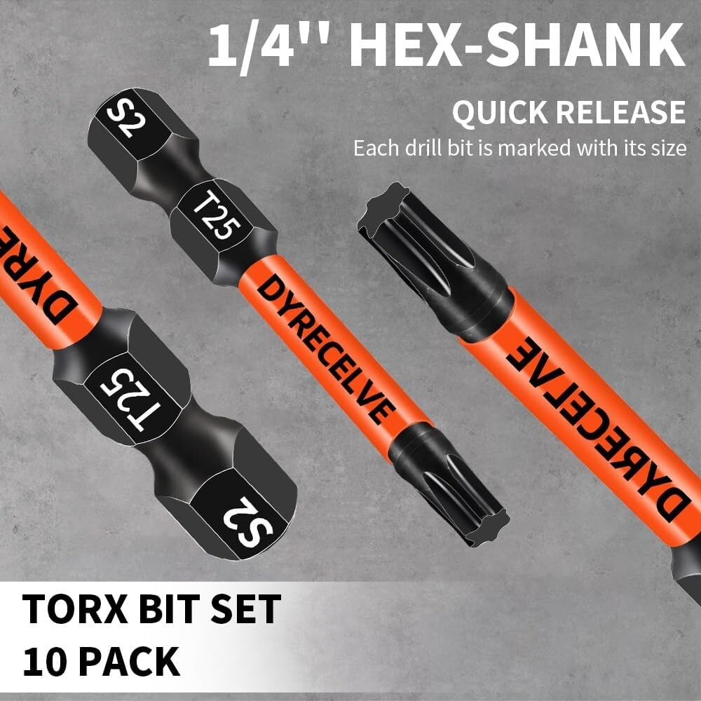 10-Pack T25 Torx Bits for Impact Driver Torx Bit Set 2''Long Profession Star Bit