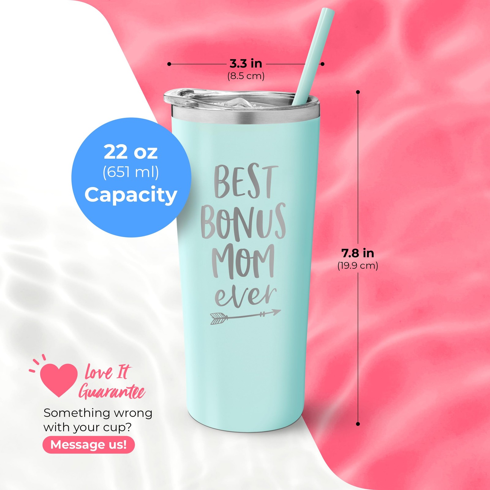 Best Bonus Mom Ever Tumbler 22 Ounce Engraved Mint Stainless Steel Gift Boxed