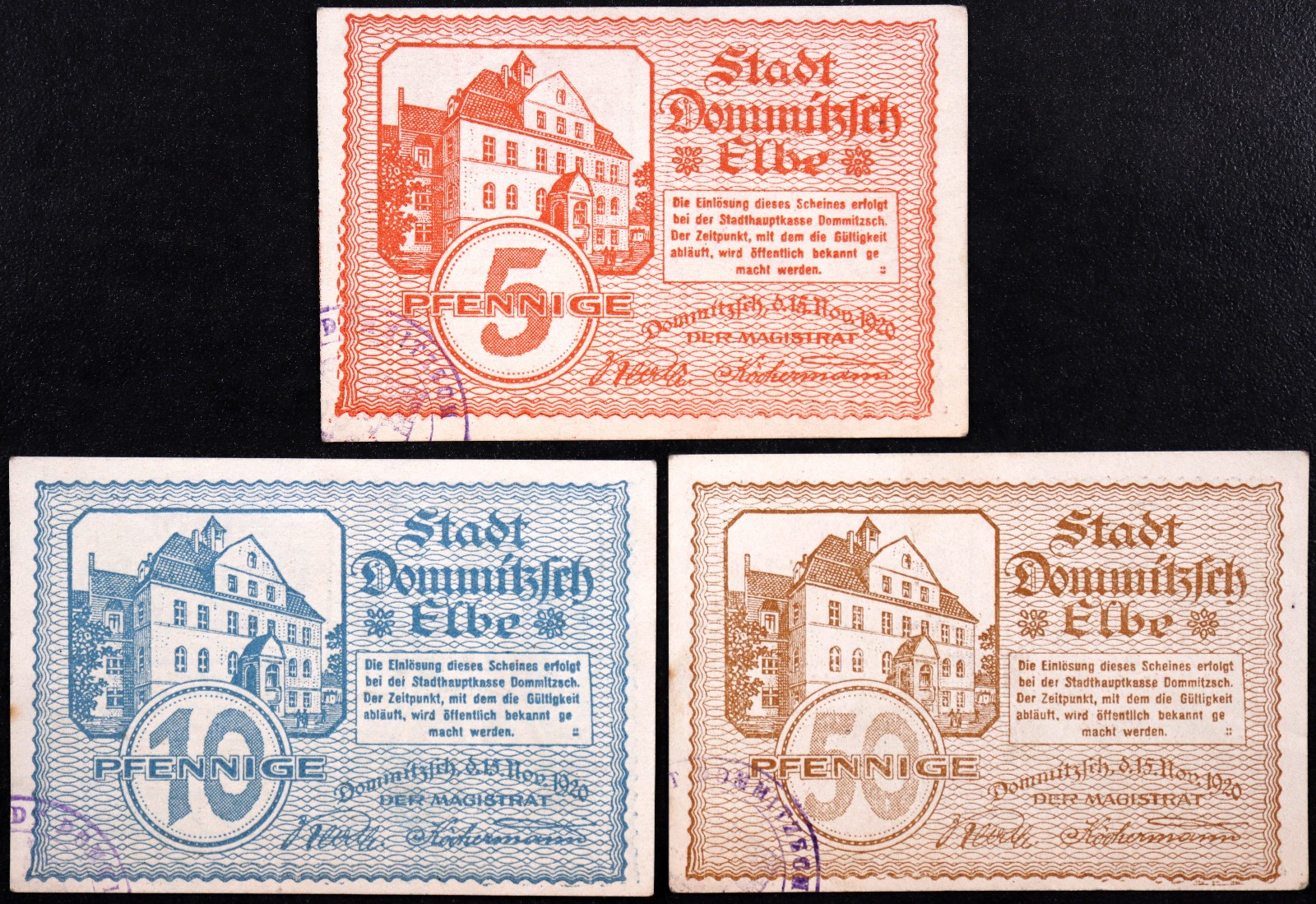 DOMMITZSCH 1920 RARE Complete Monochrome Set w/stamp German Notgeld